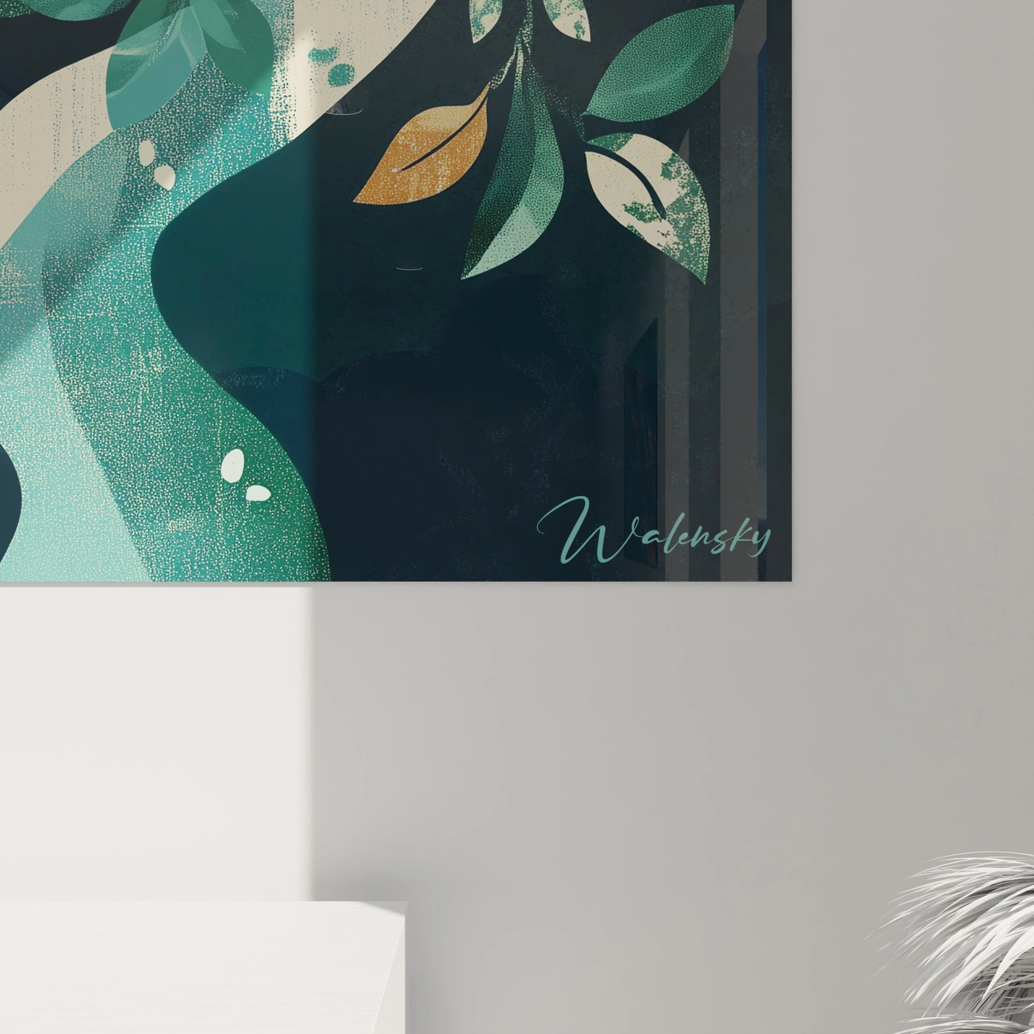 Tableau zen mural Walensky avec motifs feuilles vertes et jaunes pour décoration intérieure