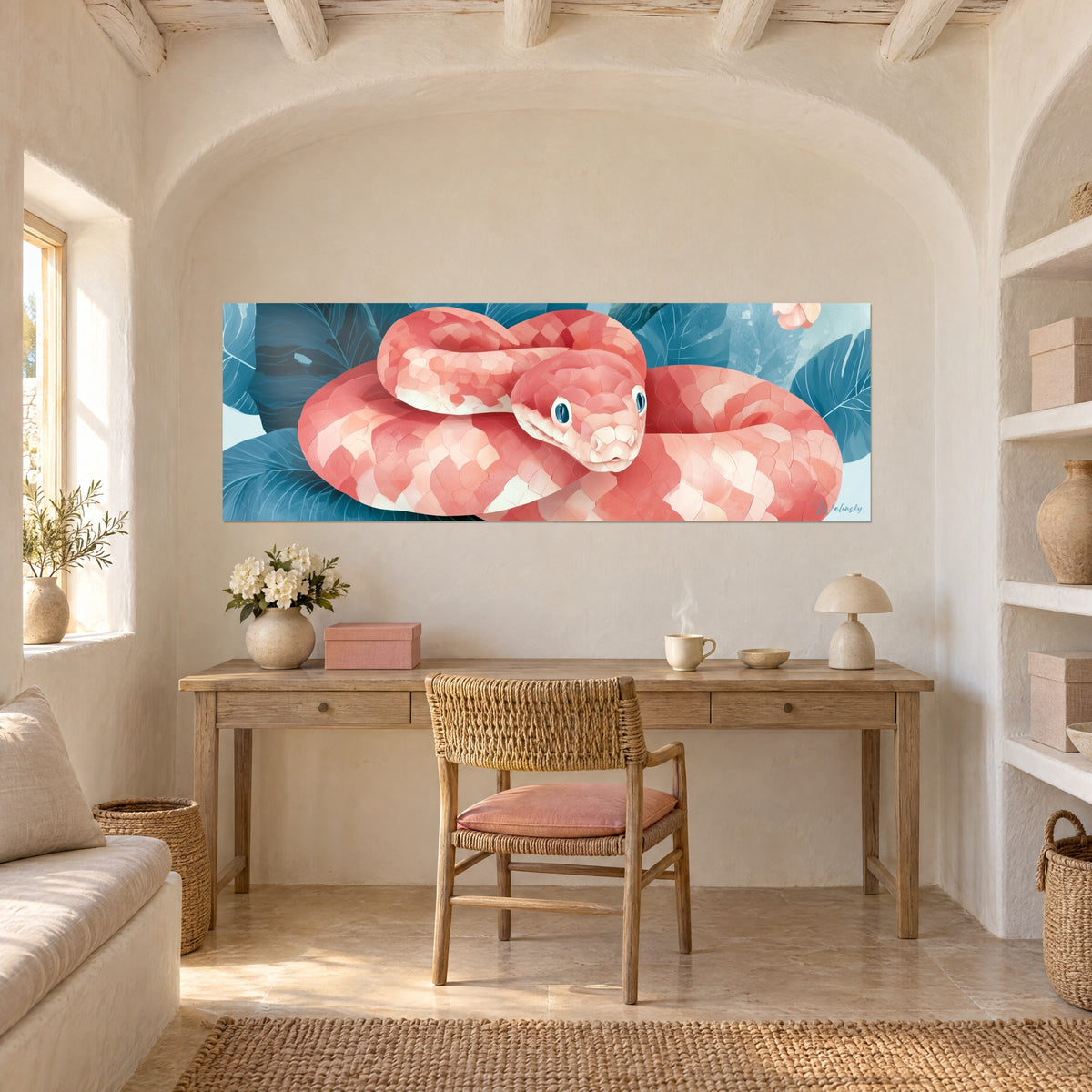Wall art entwined reptile in coral pink and peach on turquoise leaves, head resting on its coils, above a light wood desk