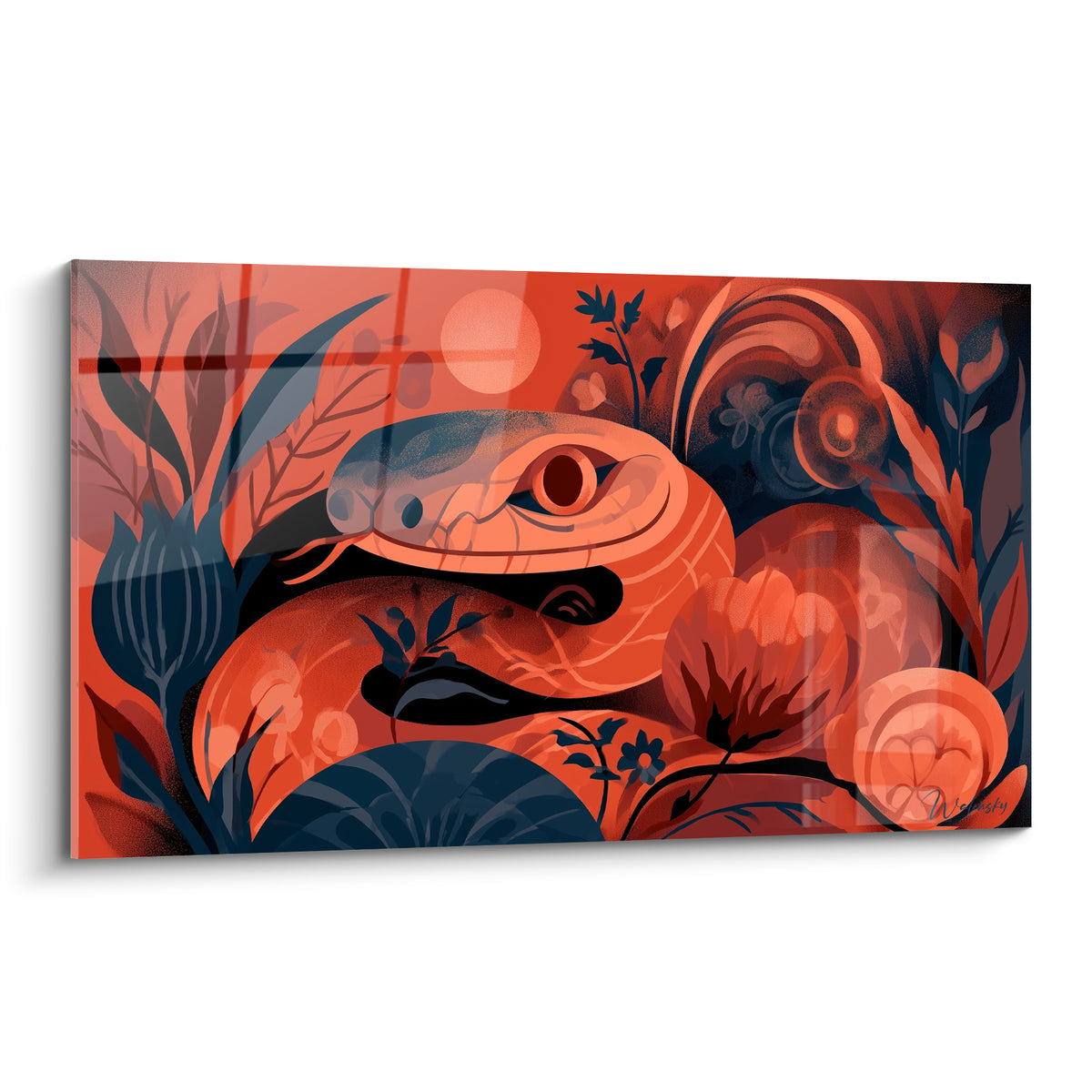 Serpent terracotta lové à l'œil sombre parmi fleurs bleu marine et feuillages denses