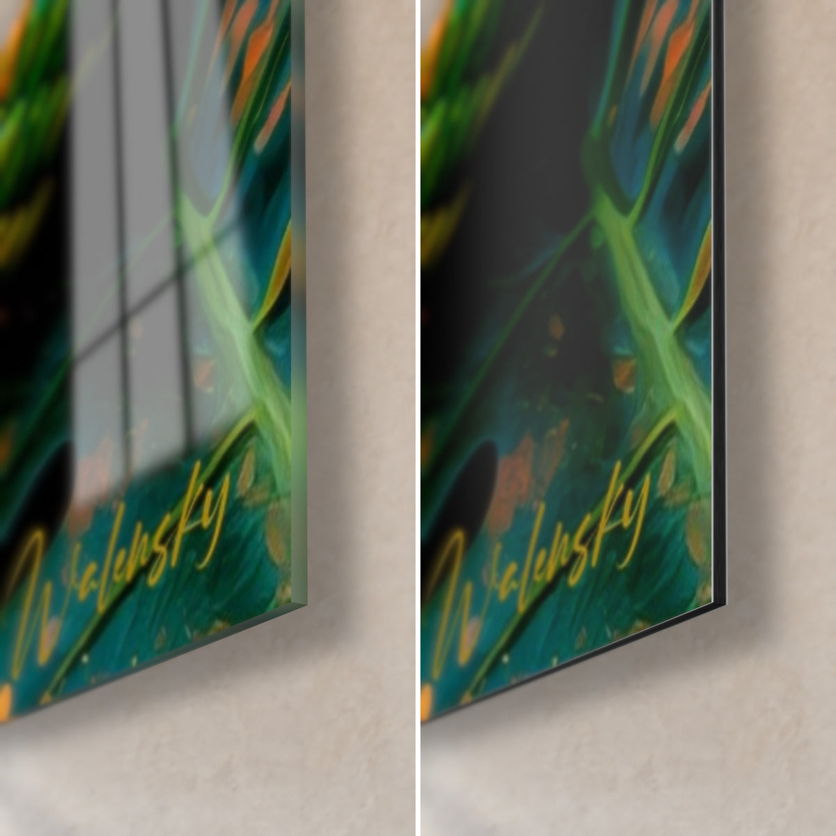 Gemälde Schlange mit rosafarbenen und grünen Schuppen, untere rechte Ecke aus glänzendem Glas mit Reflexen und mattem Walensky Dibond Aluminium, 3 mm Kante sichtbar