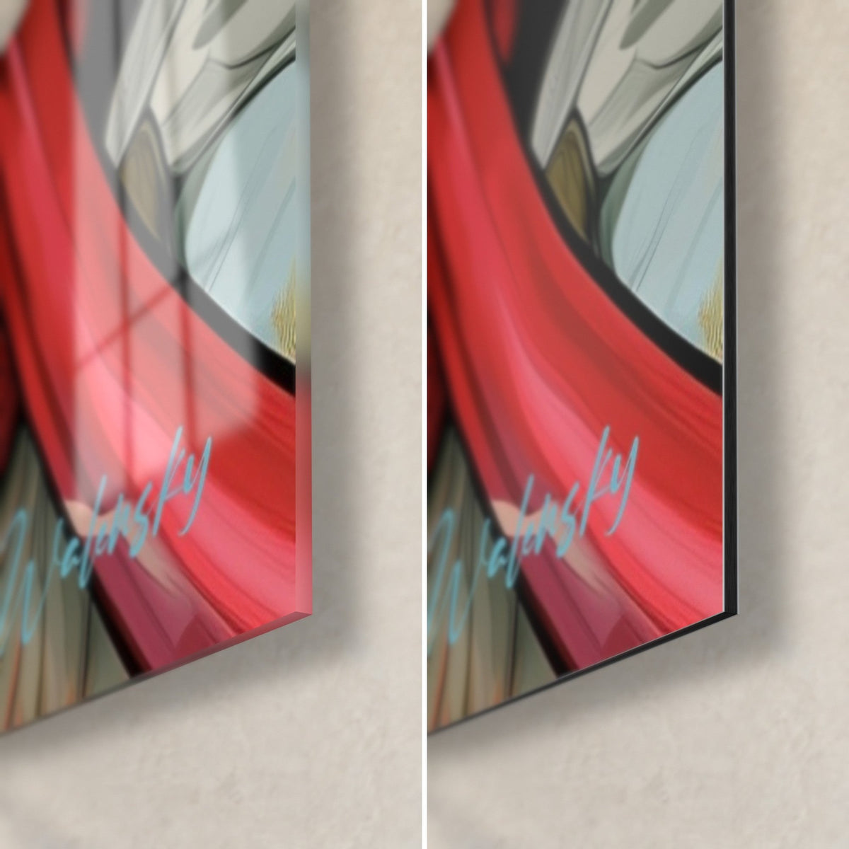 Wall art glacier-blue grass snake, bottom right corner: glossy acrylic on the left, matte black Dibond on the right, 3 mm edge and turquoise signature