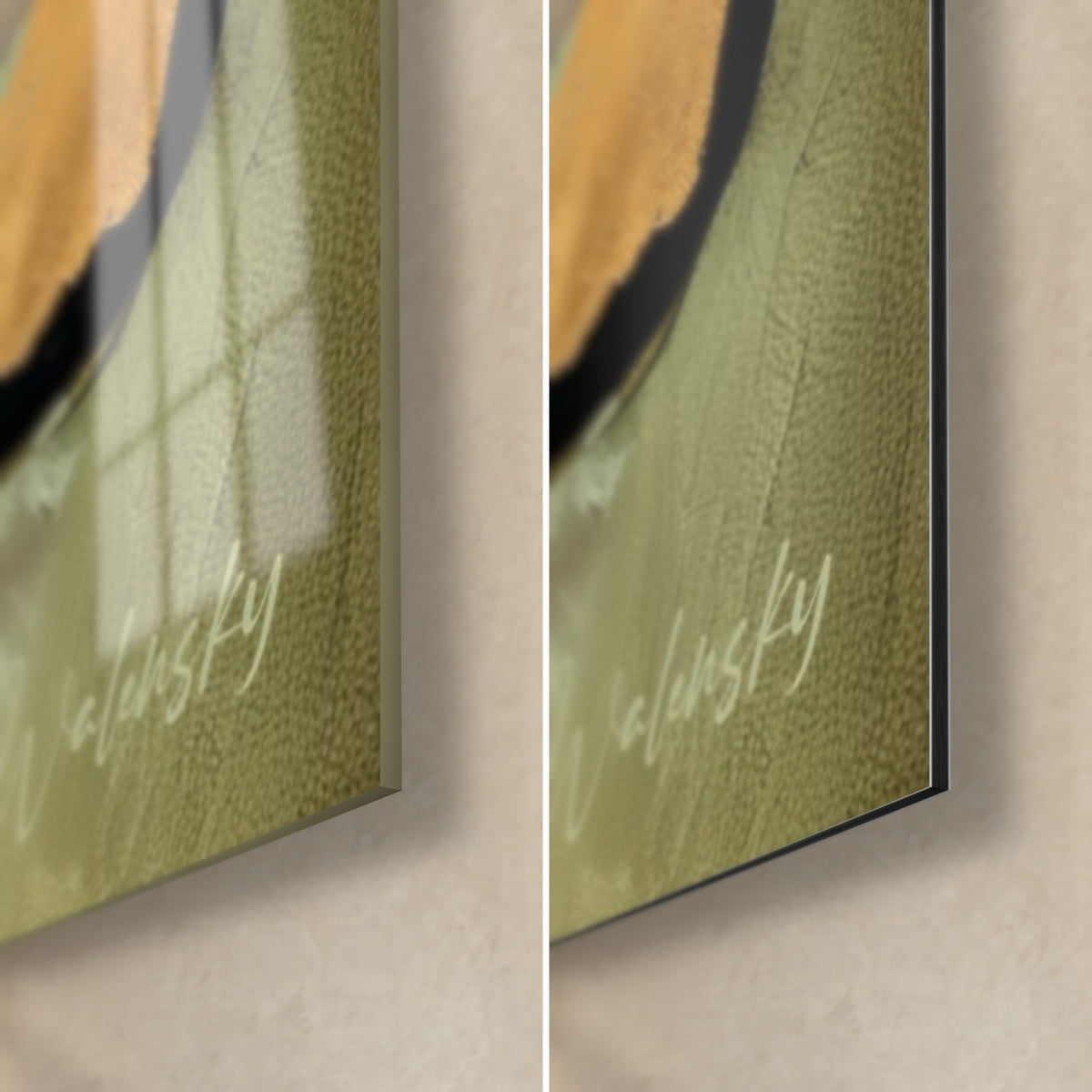 Tableau couleuvre noire aux plaques d'or, vert olive, coin bas droit : verre brillant à gauche, Dibond mat à droite