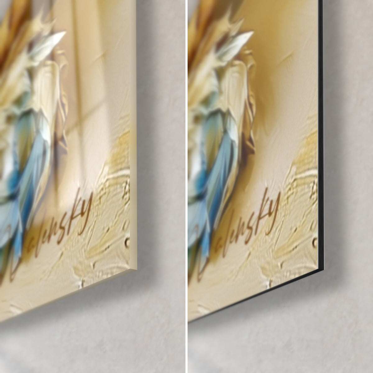 Tableau reptile ivoire aux plumes bleues, coin bas droit, verre acrylique brillant reflets et alu Dibond mat, tranche 3 mm
