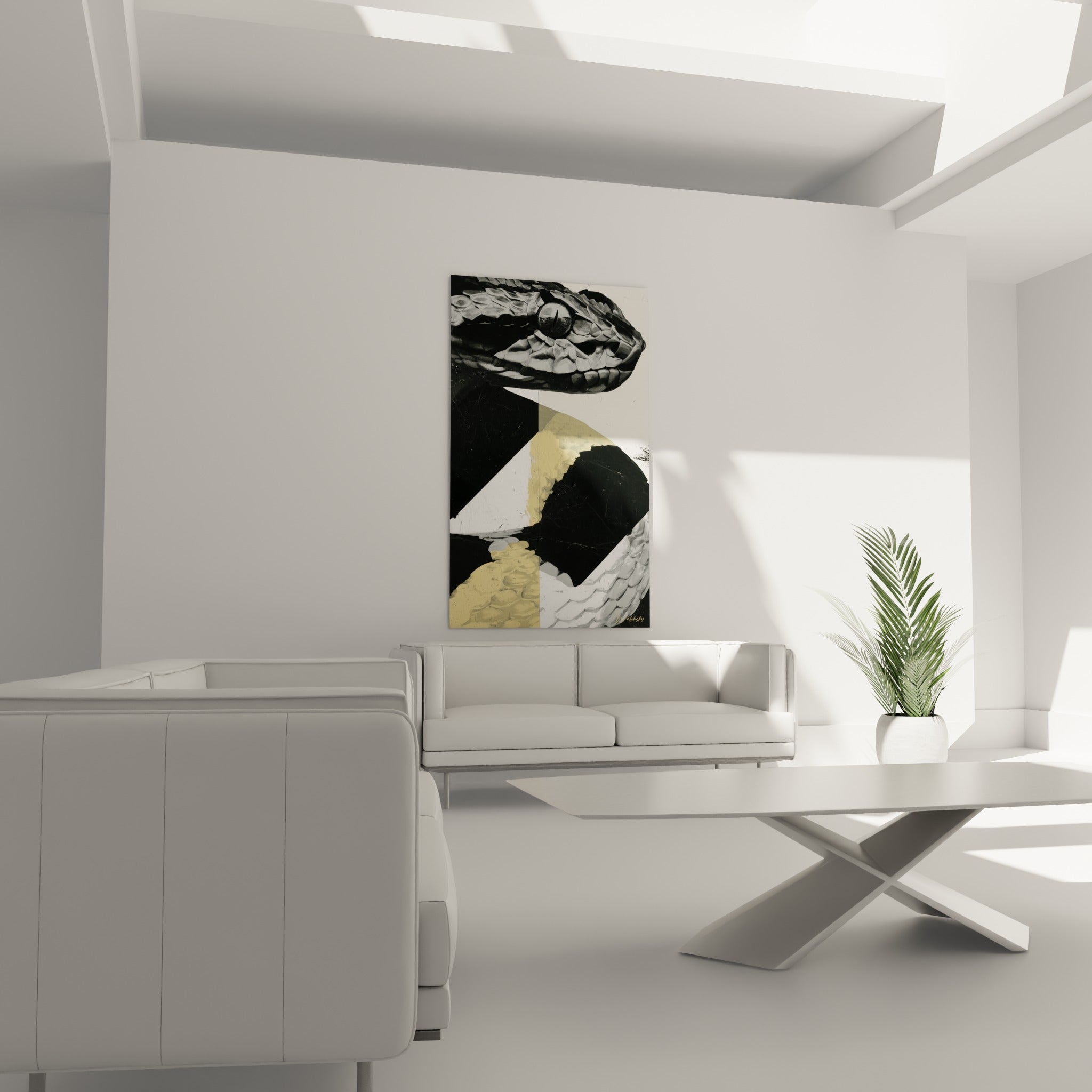 Reptile gris et formes noires anguleuses accrochés au-dessus d'un canapé dans un salon lumineux