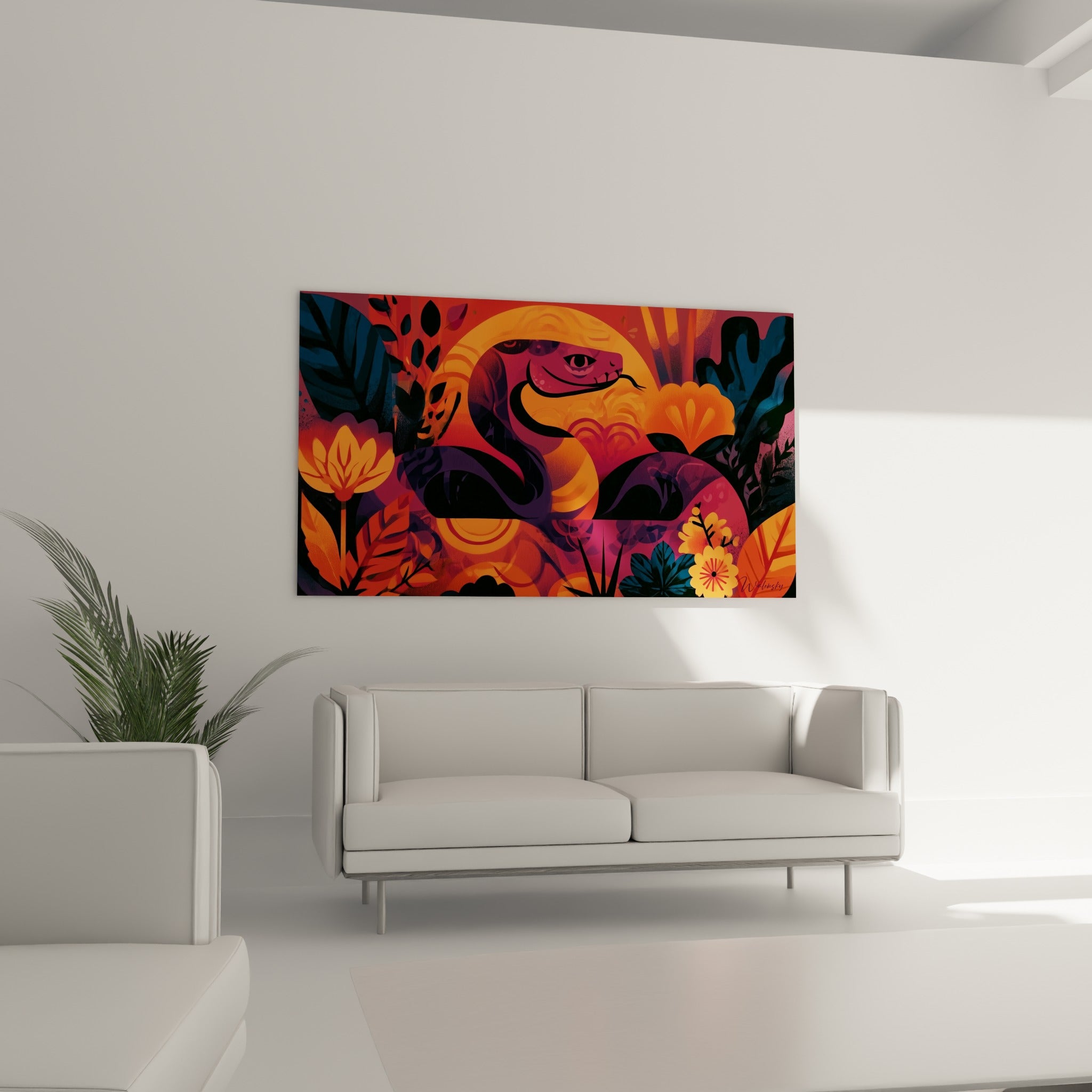 Motif tropical orange et violet représentant un serpent lové au-dessus d'un canapé dans un salon lumineux