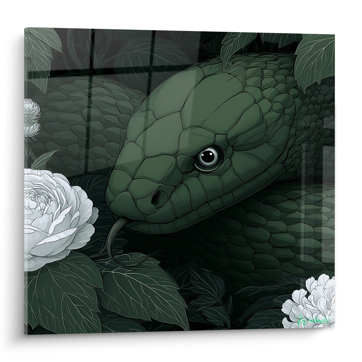Serpent vert sombre aux écailles fines, œil argenté, lové près de roses blanches délicates