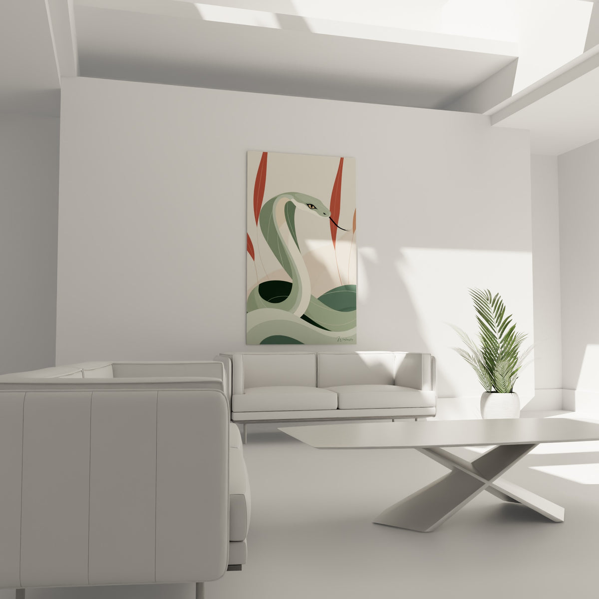 Reptile vert profond et terracotta en pose graphique au-dessus d'un canapé dans un salon lumineux