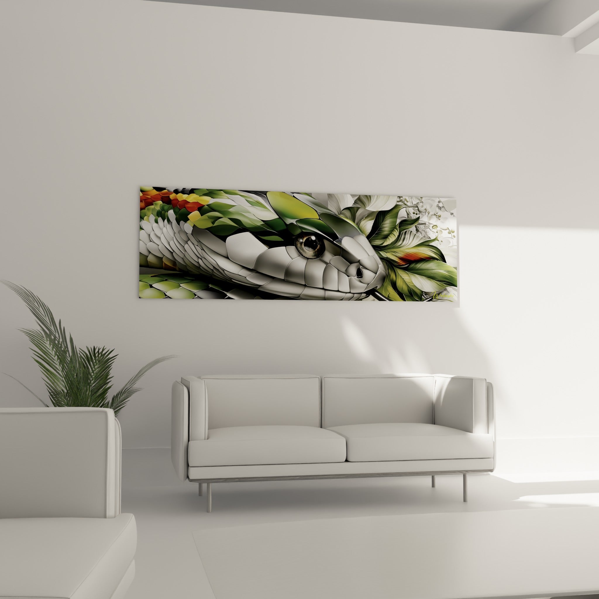 Tête de serpent stylisée en vert sauge et blanc, accrochée au-dessus d'un canapé dans un salon lumineux