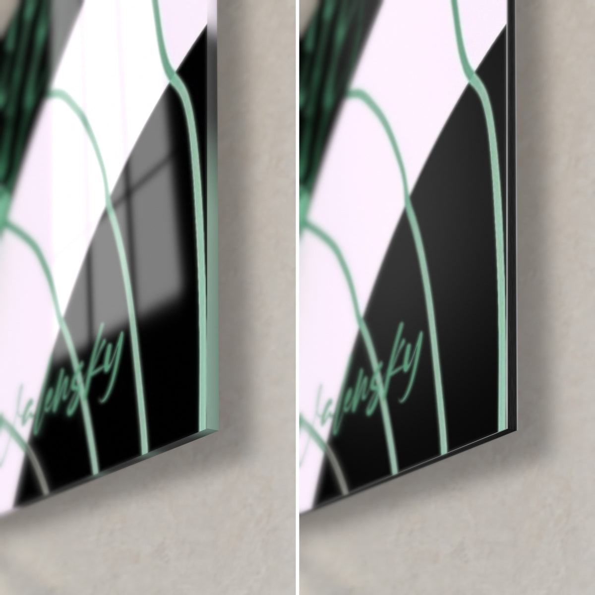 Schilderij reptiel met ivoorkleurige en zwarte strepen, rechtsonder: glanzend acrylglas links, mat Dibond rechts