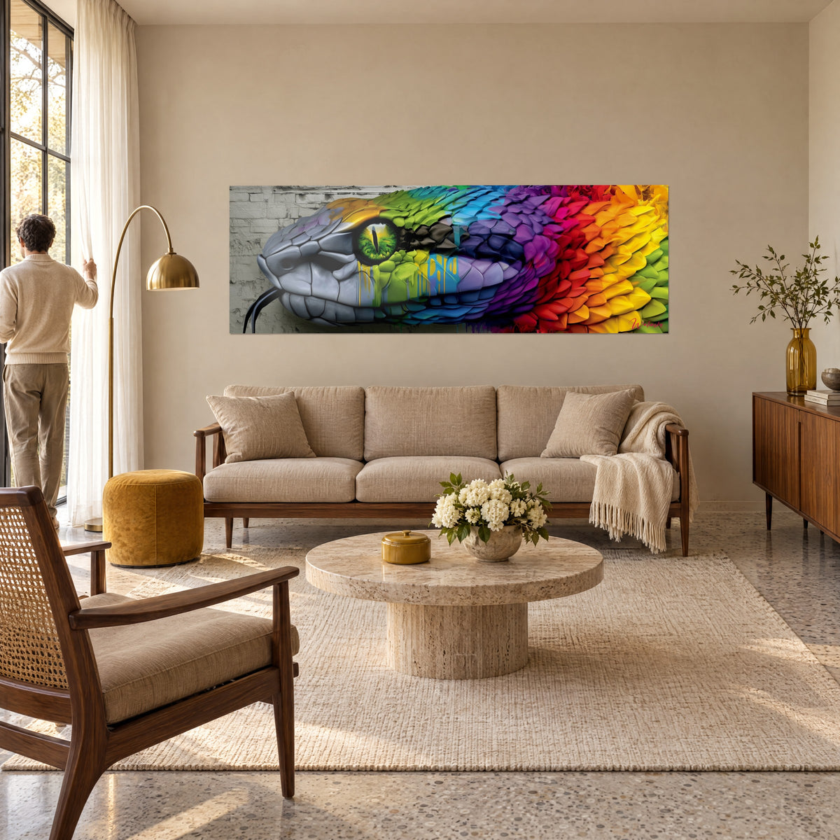 Schilderij reptiel met schubben die van grijs naar oranje overlopen, gespleten groen oog, koppel van achteren, boven een bank in een lichte woonkamer