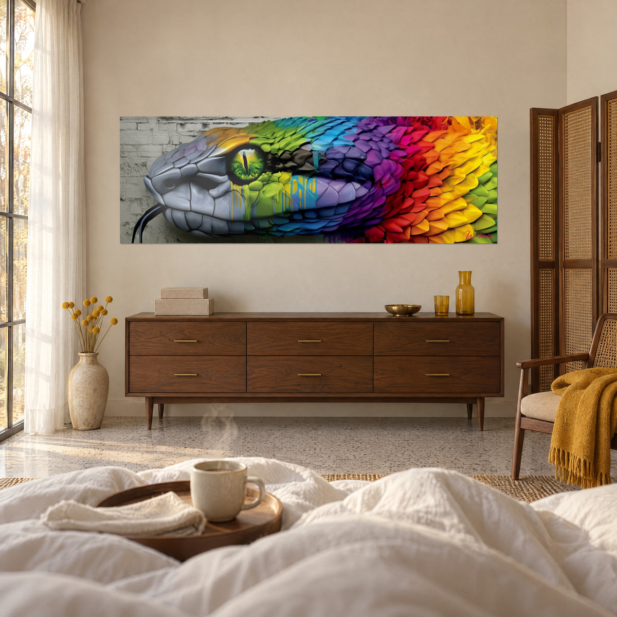 Tableau tête de vipère aux écailles bleues, rouges et orangées, langue noire fine, au-dessus d'un lit dans une chambre claire