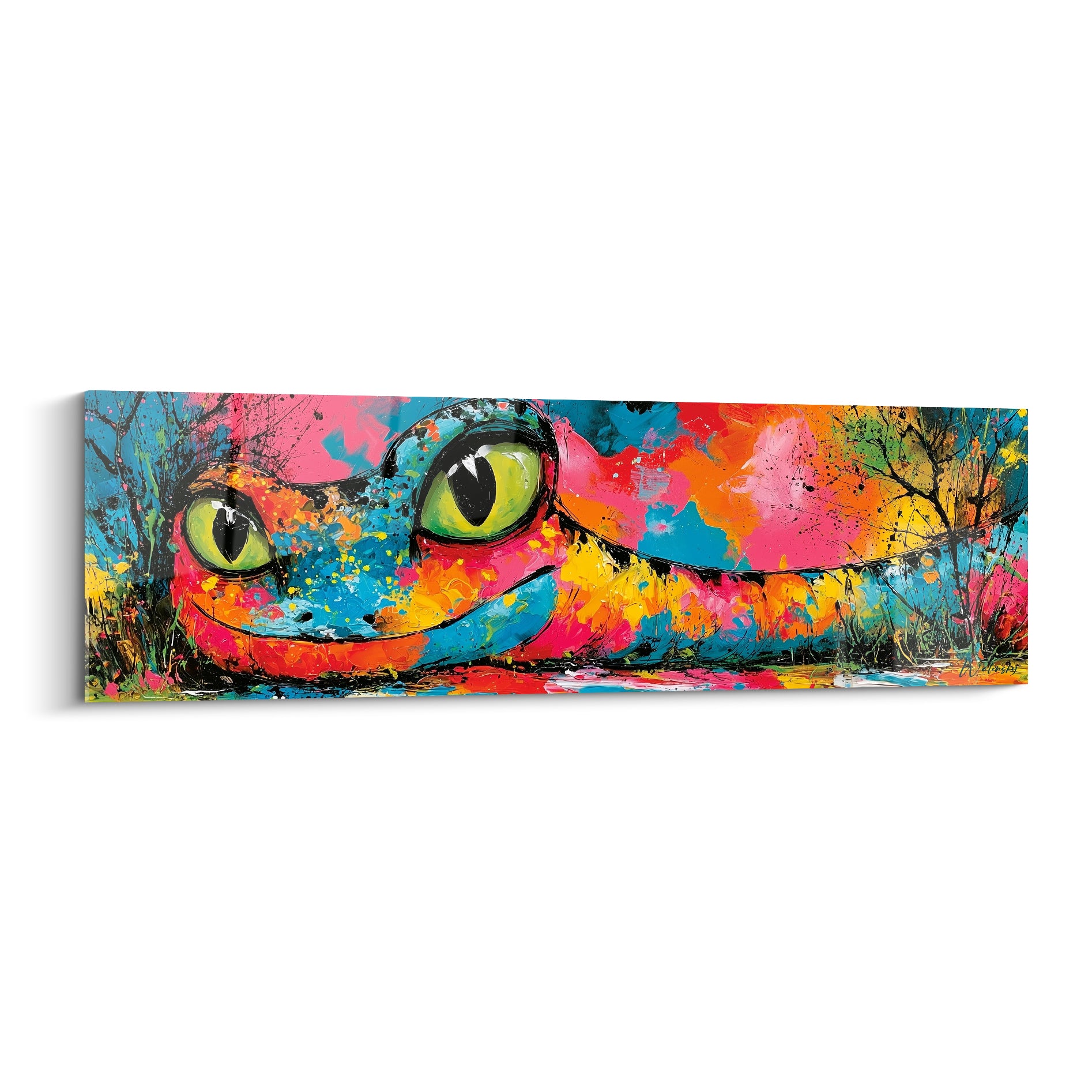 Serpent souriant aux yeux vert fluo, fond éclaboussé rose fuchsia et bleu turquoise, style pop art