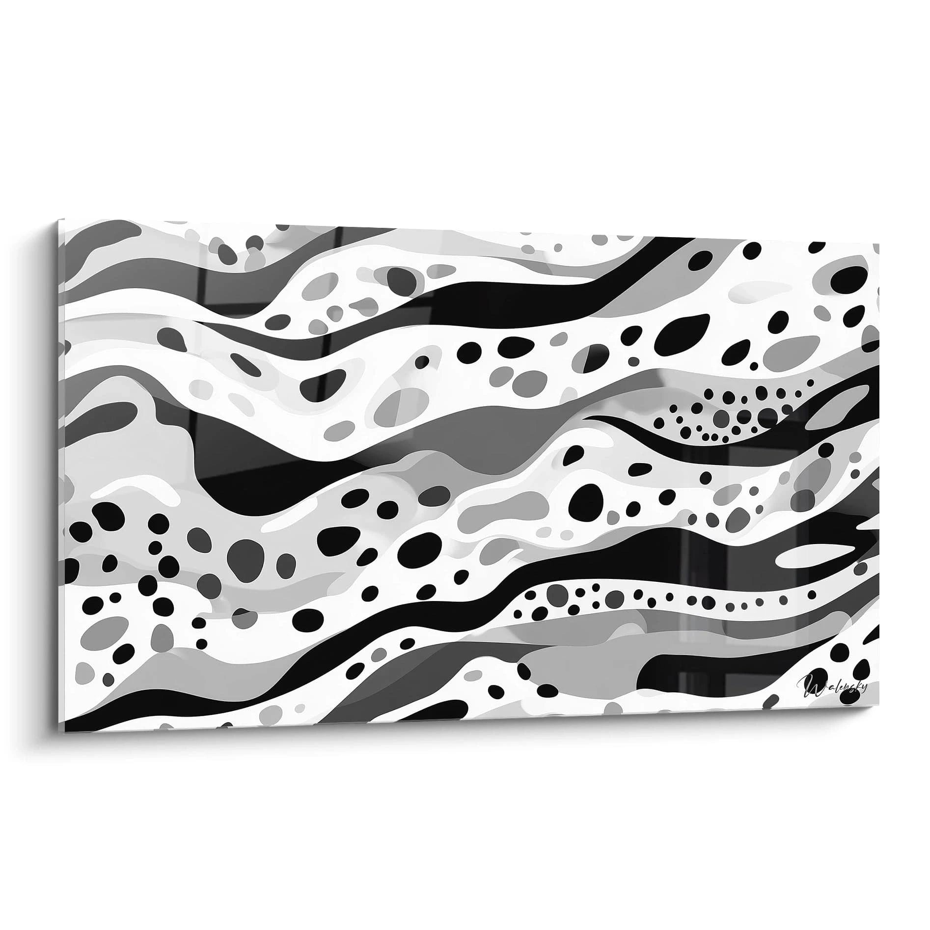 Tableau tacheté noir et blanc Walensky avec des motifs ondulés en nuances de gris
