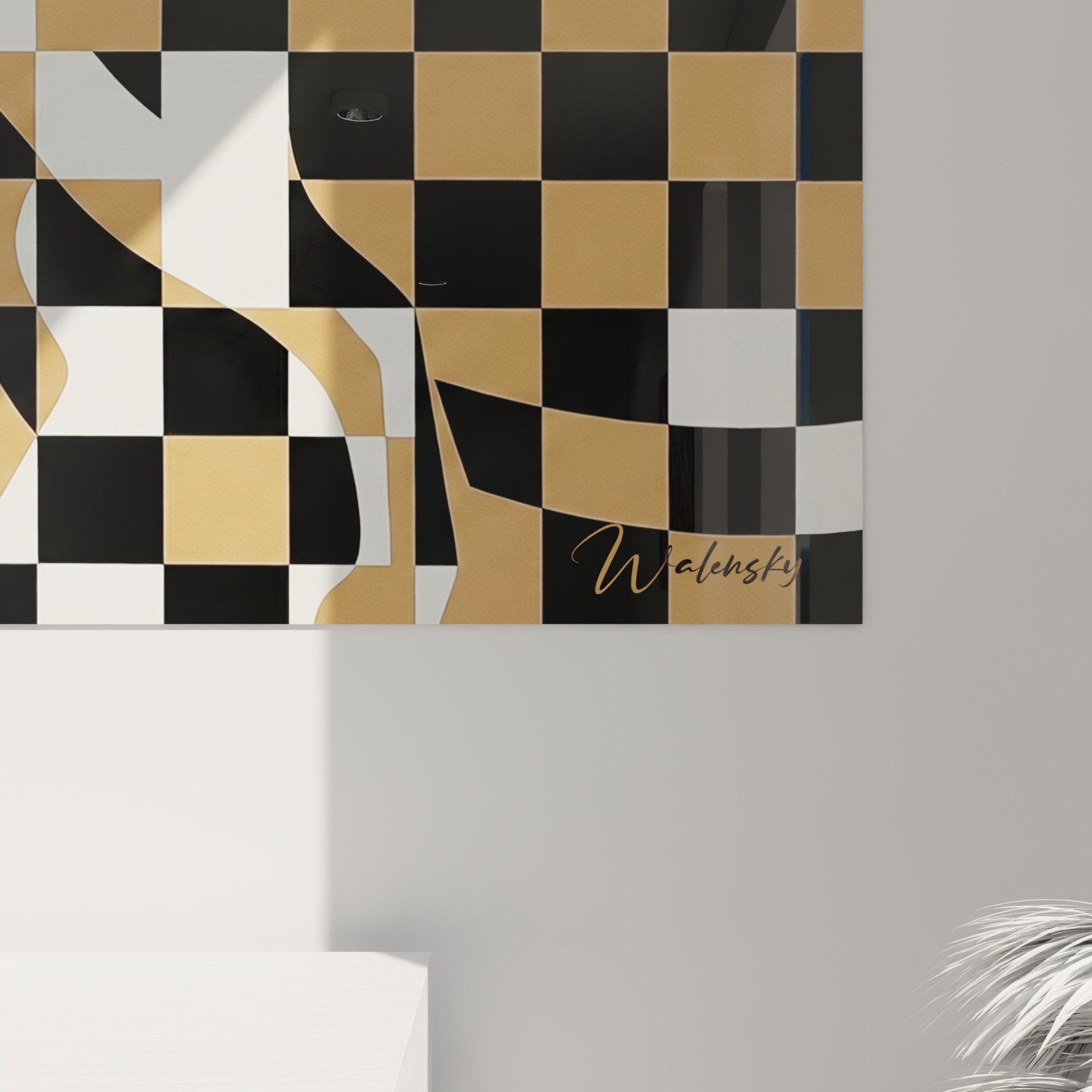 Vista d'insieme quadro Setter Inglese arte geometrica scacchiera decorazione murale contemporanea salotto