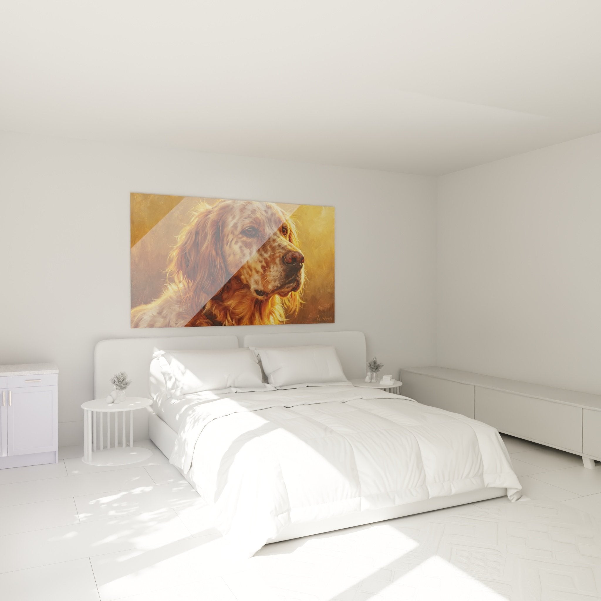 Tableau Setter Anglais tons chauds ambiance cosy chambre decoration murale elegante chien