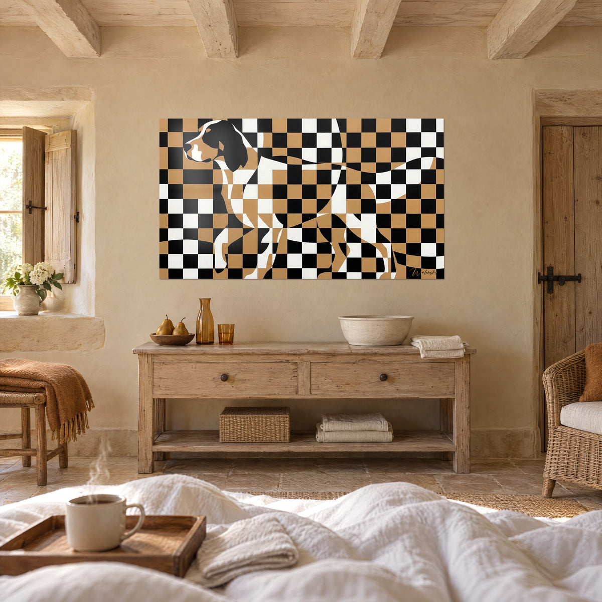 Wall art canine mosaic with black, ochre and white squares, above a bed in a bright bedroom with wooden beams