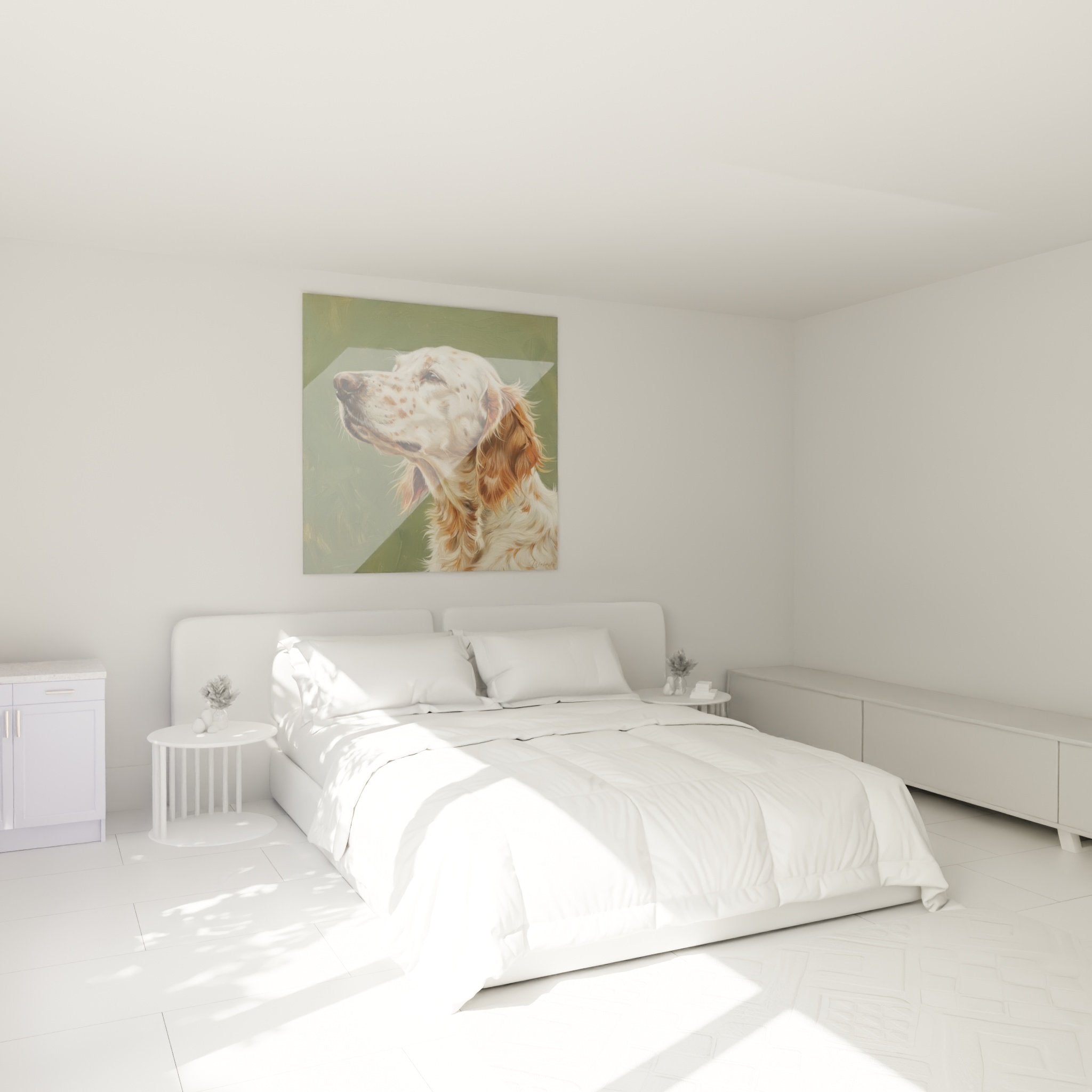 Tableau Setter Anglais contemplatif accroche dans chambre moderne aux tons neutres et chaleureux