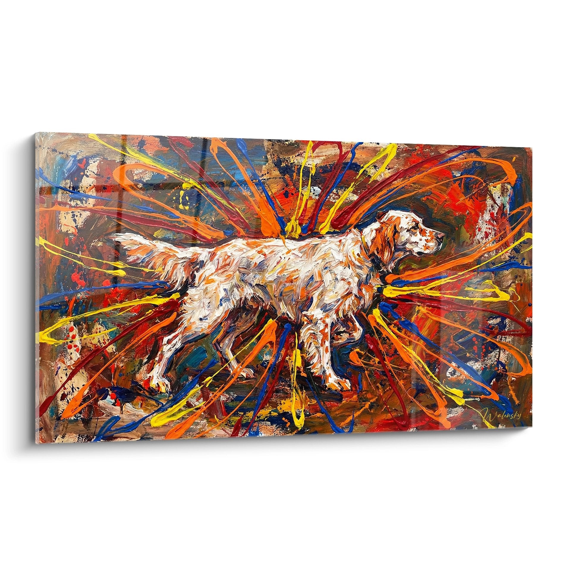 Tableau art contemporain setter anglais blanc eclaboussures peinture multicolore orange bleu