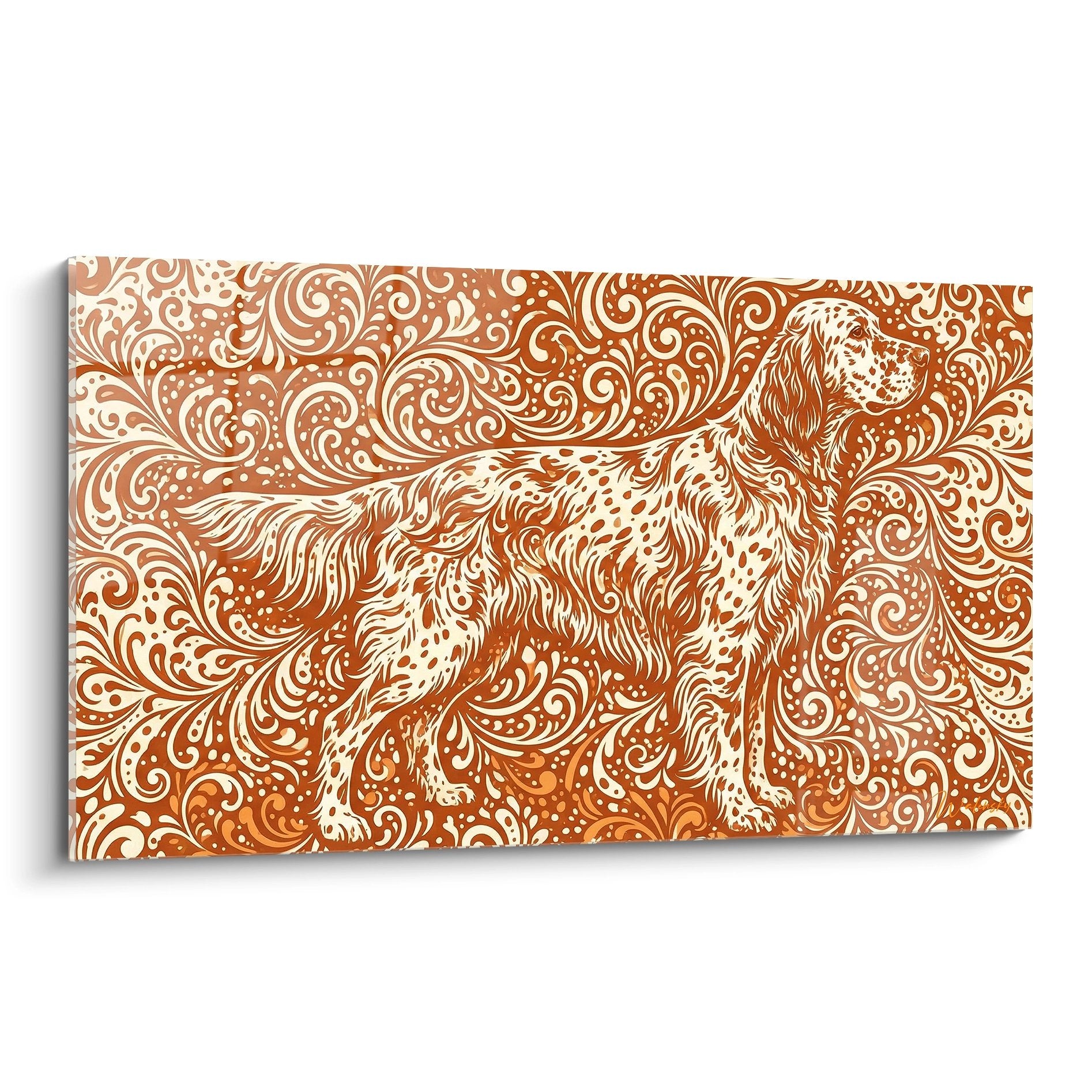 Setter anglais stylise dans motifs baroques dores et cuivres, art decoratif ornements complexes fond chaleureux