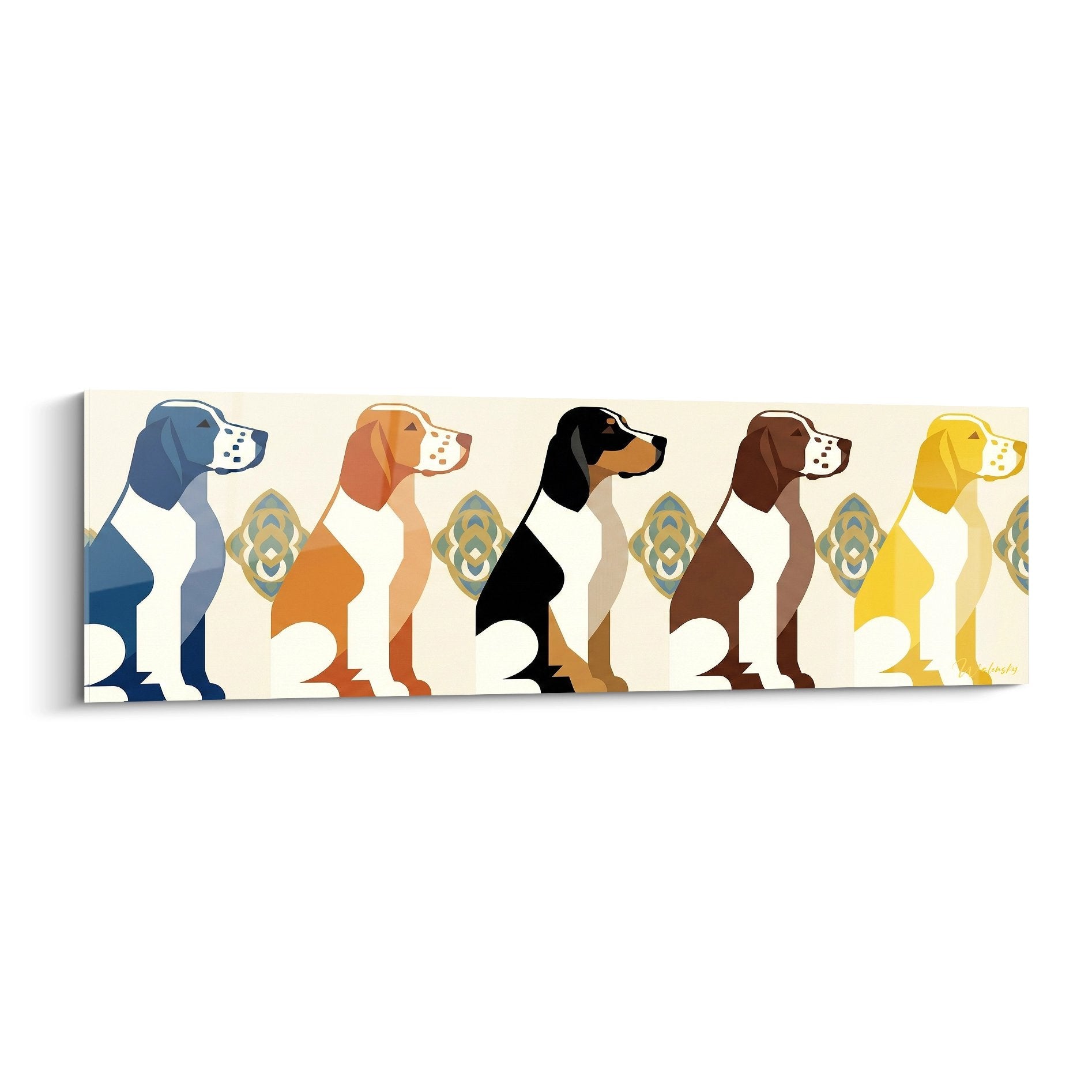 Tableau moderne profils Setter Anglais colorés bleu orange noir marron jaune style géométrique