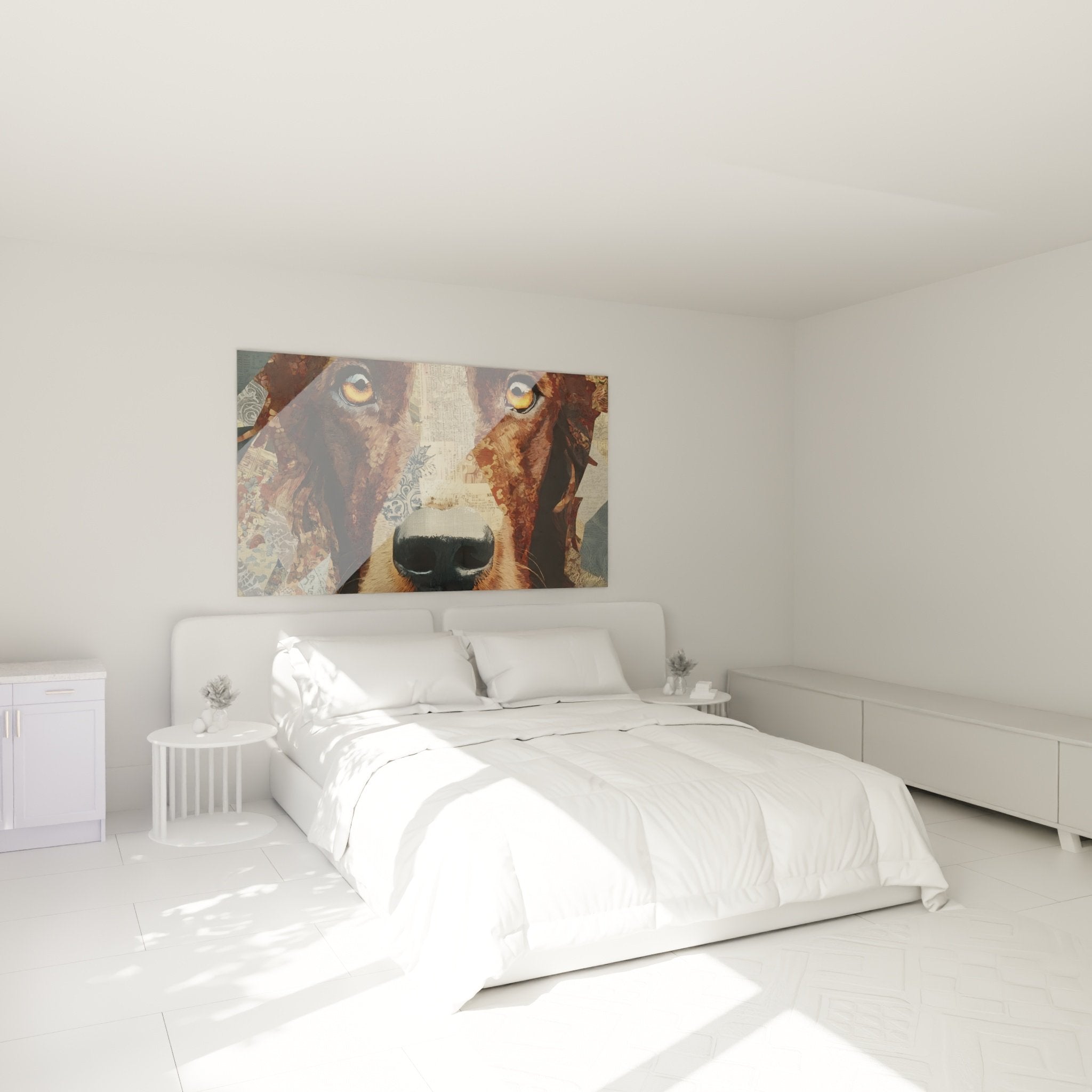 Tableau portrait chien Setter Irlandais dans chambre moderne aux tons chaleureux