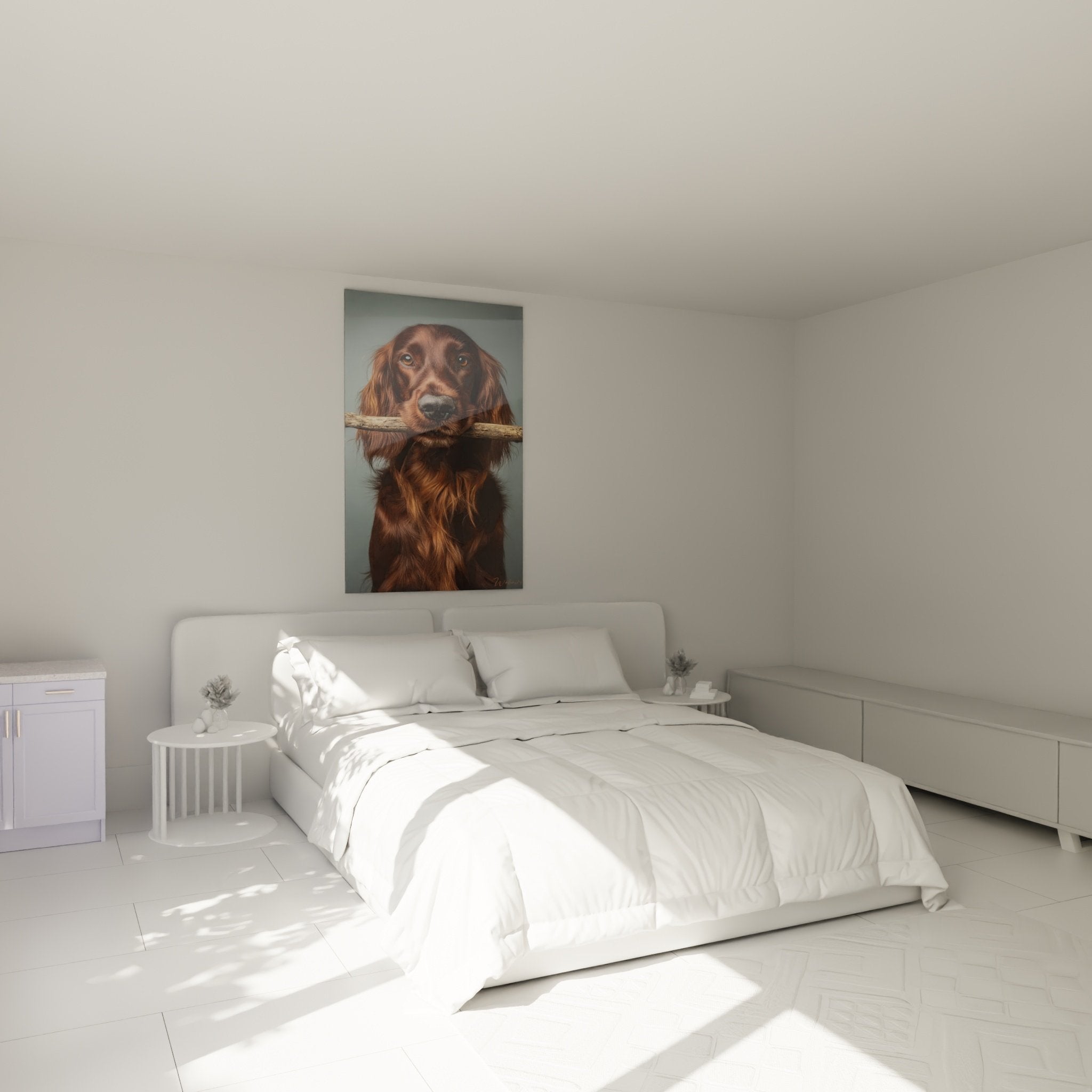 Tableau Setter Irlandais roux accroché au mur d'une chambre moderne aux tons neutres