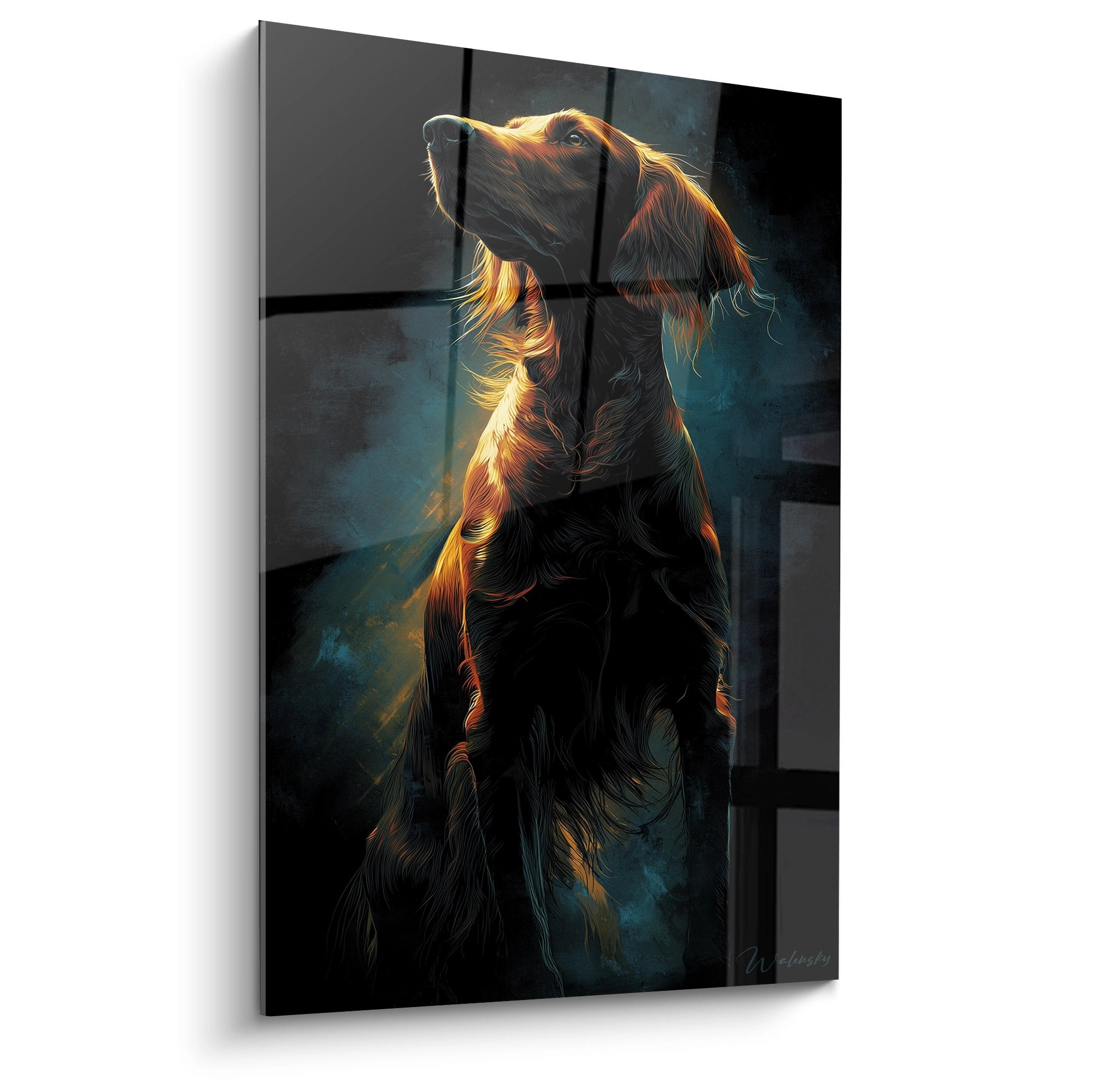 Tableau artistic setter irlandais assis regard contemplatif lumiere doree pelage soyeux tons chauds