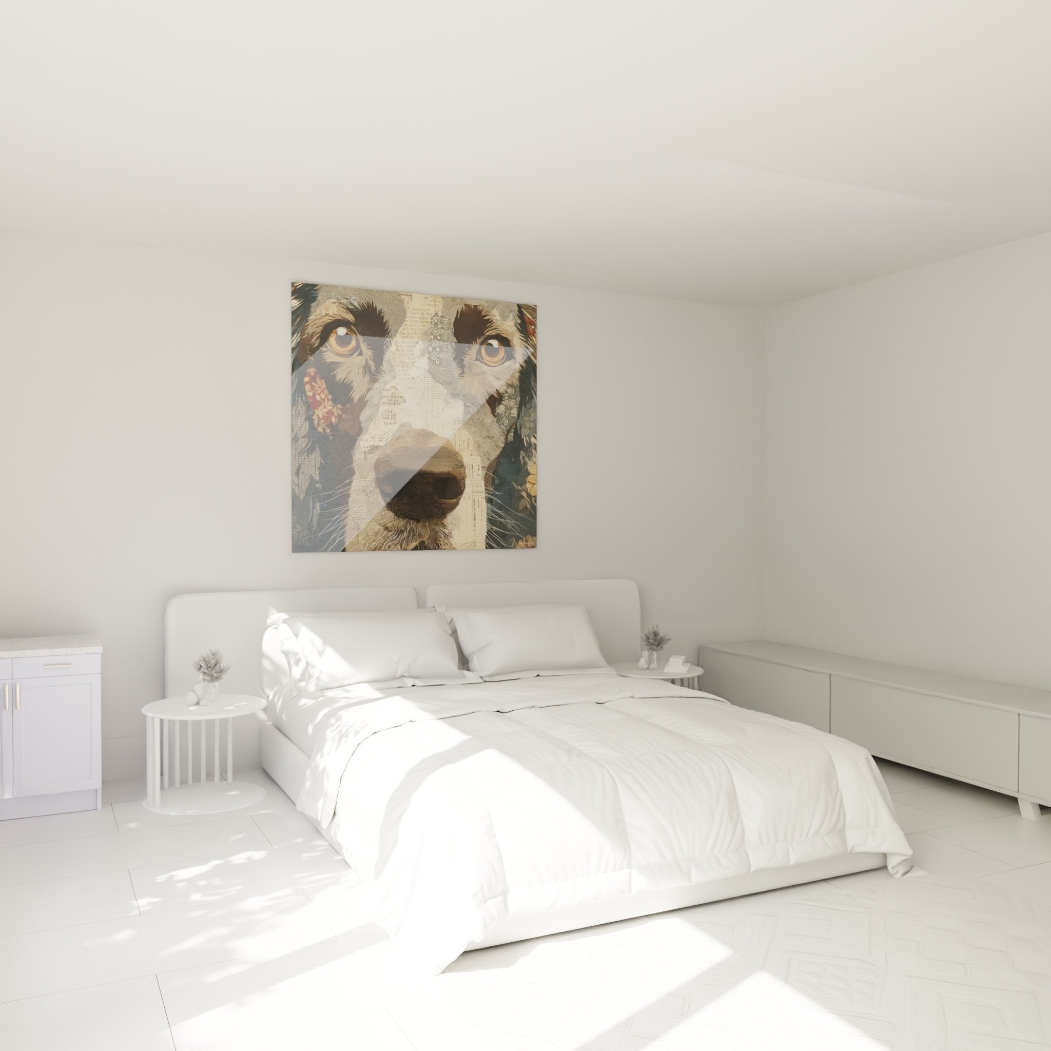 Irish Setter vintage collage wall art decorating modern bedroom with white walls warm ambiance