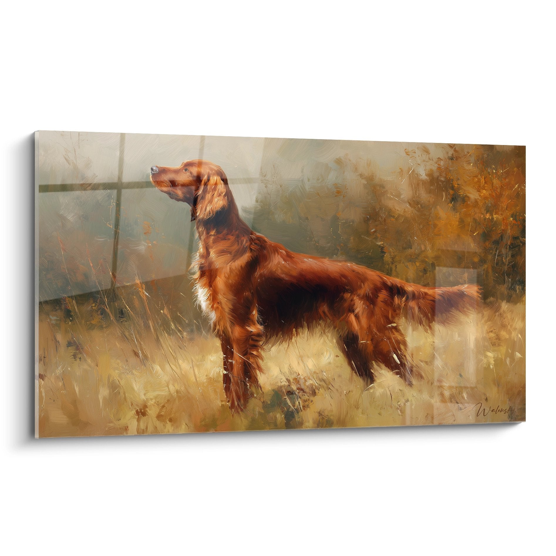 Tableau setter irlandais roux en alerte dans paysage automnal aux tons ocre et dorés style peinture classique