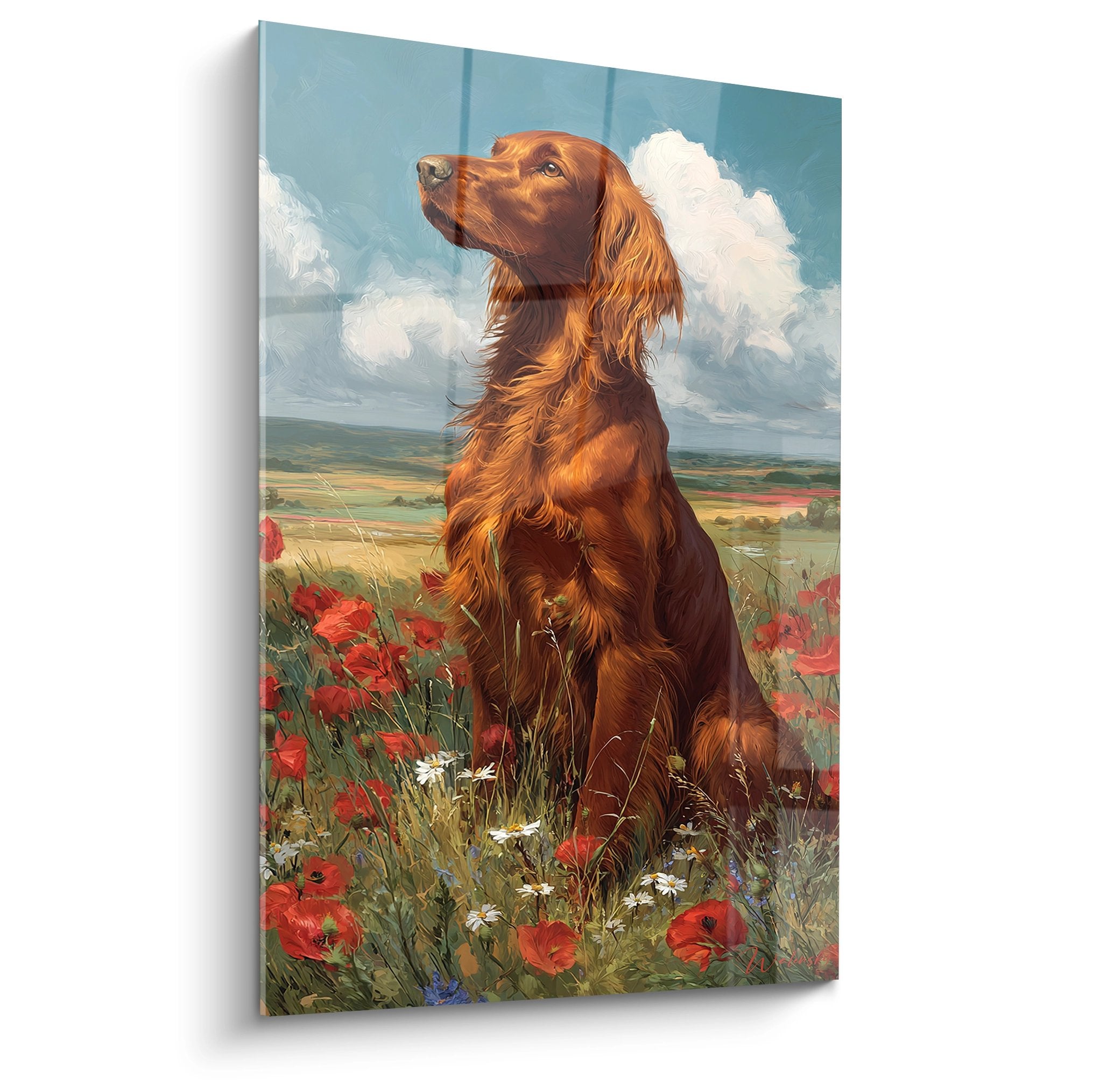 Tableau Setter Irlandais roux assis dans champ de coquelicots regardant vers ciel nuageux, style peinture réaliste