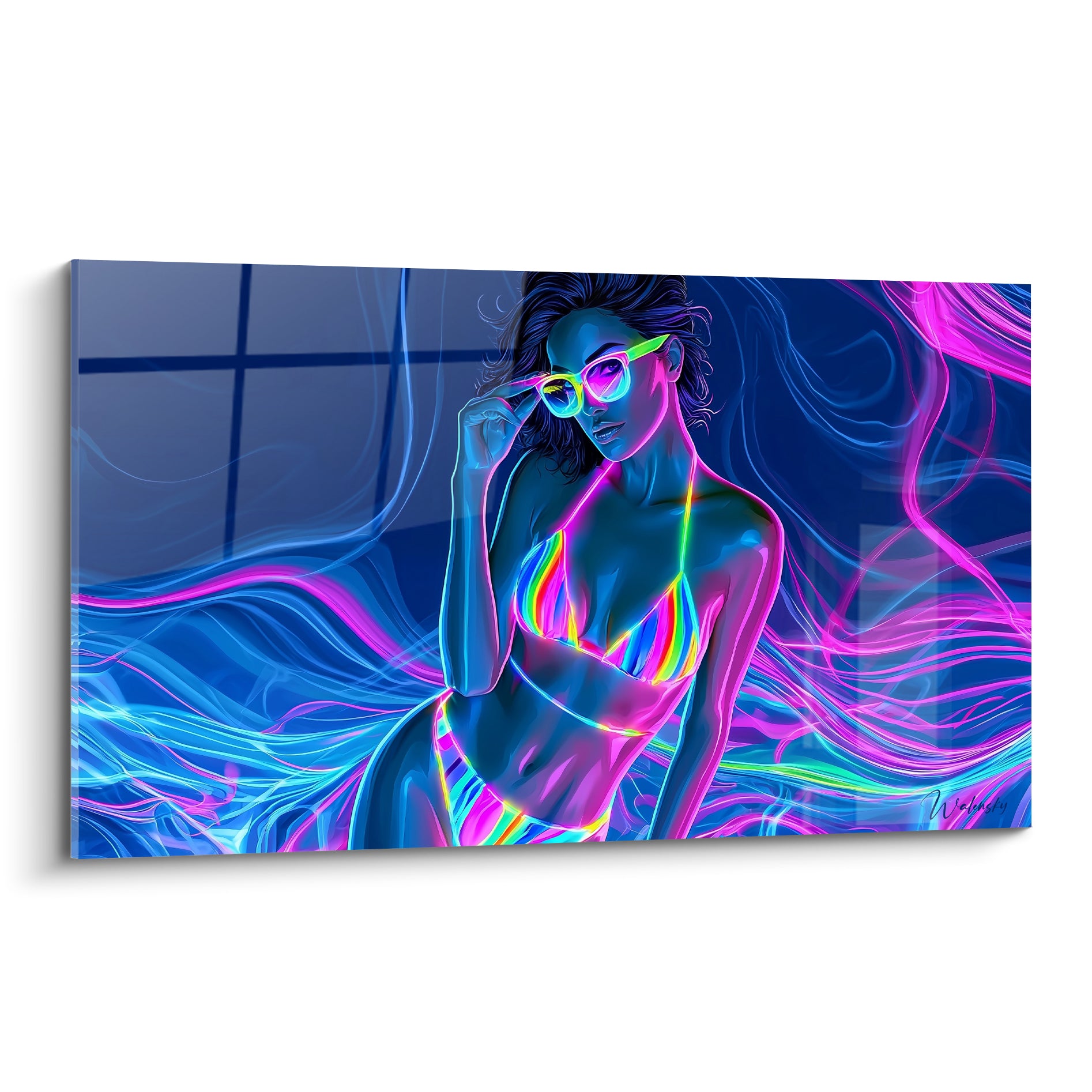 Femme en bikini aux mèches fluorescentes turquoise et magenta sur fond bleu marine