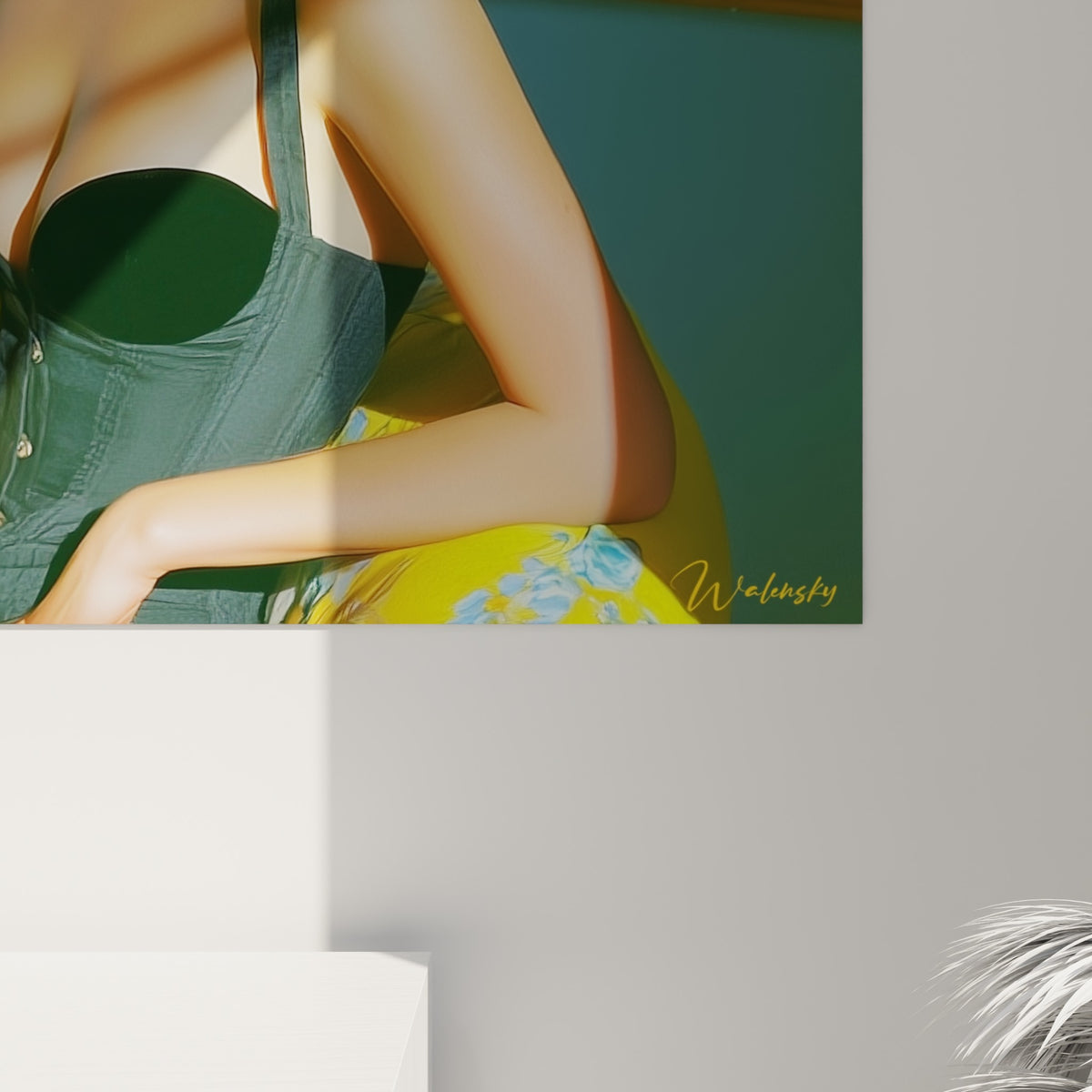 Détail du grain pictural sur les touches bleu et jaune du fond derrière le portrait noir doré