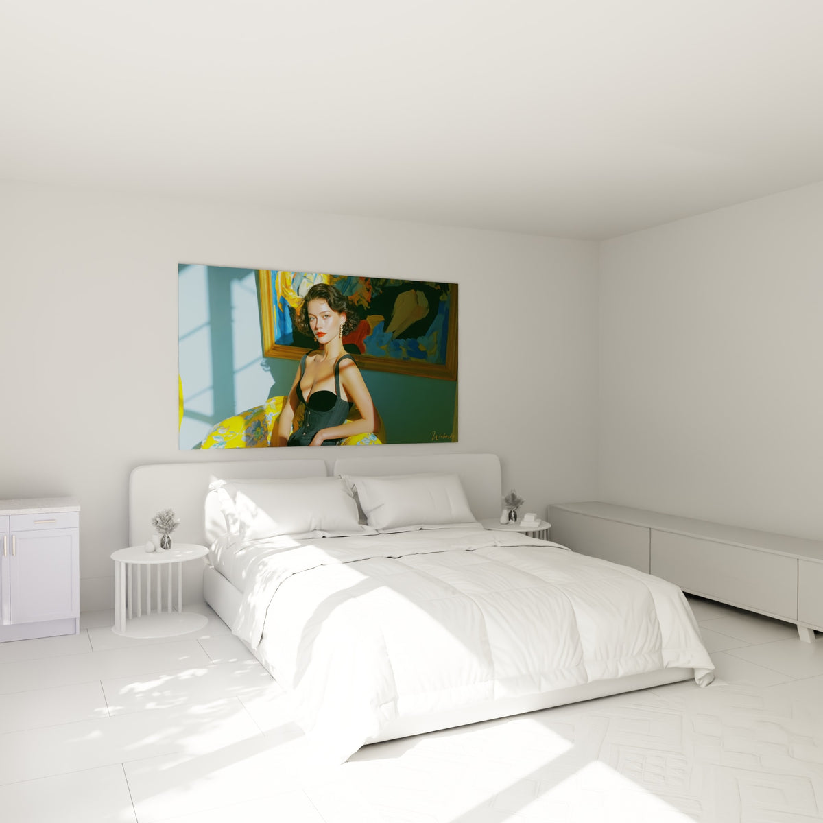 Portrait sensuel en corset anthracite et fauteuil jaune, au-dessus d'un lit dans une chambre claire