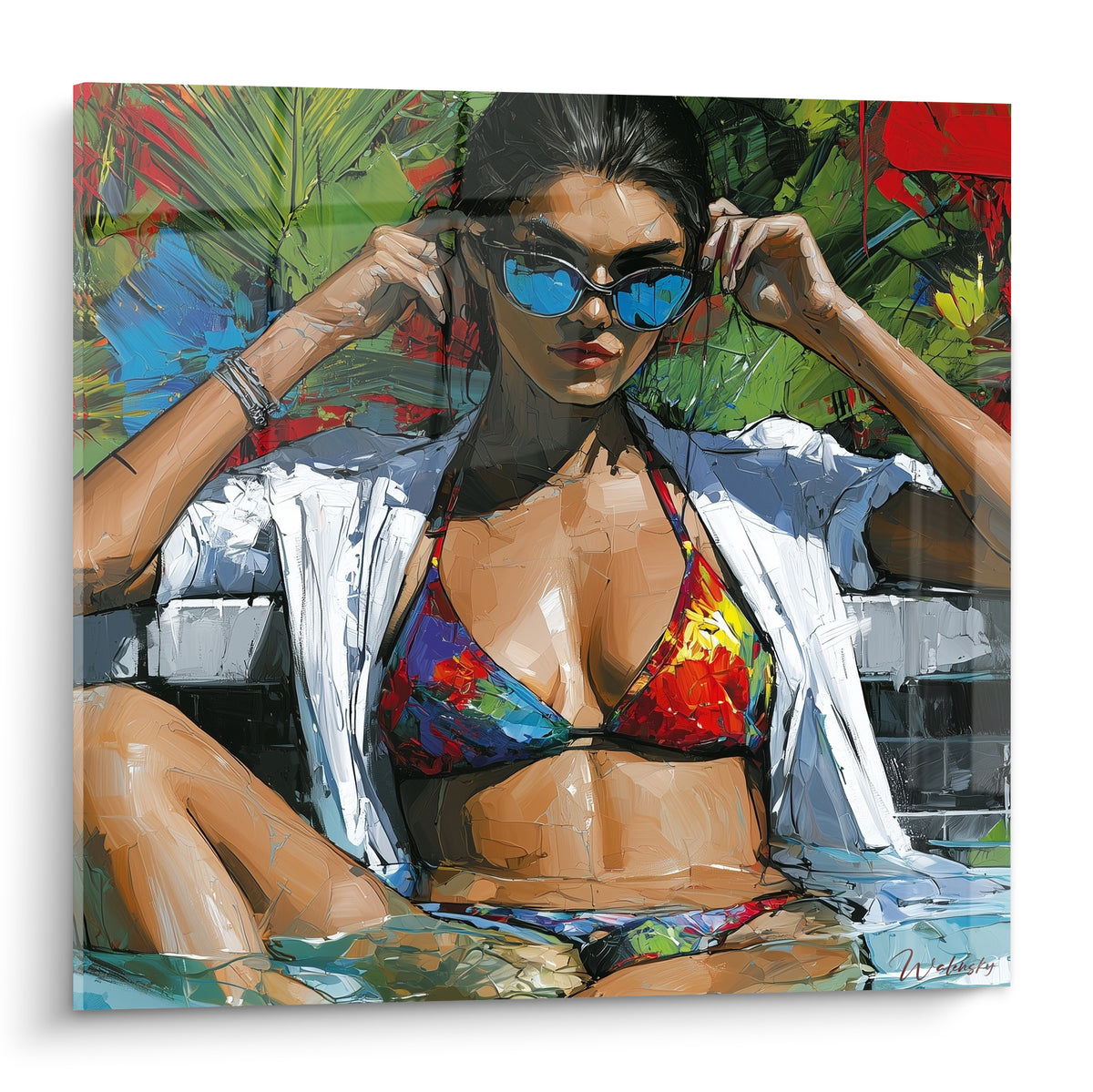 Femme brune ajuste ses lunettes bleues, bikini orange et violet, peinture expressive au bord de l'eau