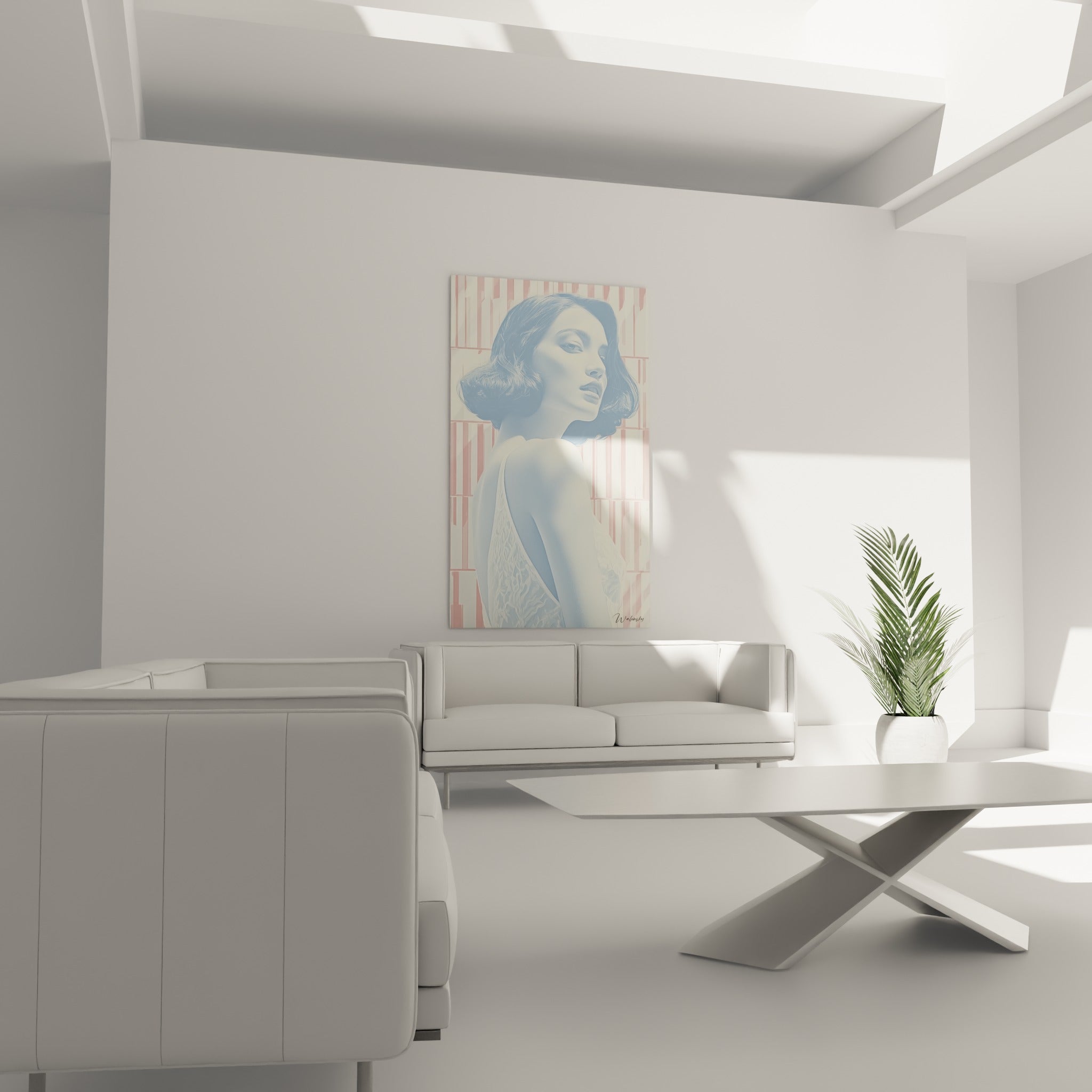 Chevelure ondulée et peau nacrée en dégradés de bleu glacé, au-dessus d'un canapé dans un salon lumineux