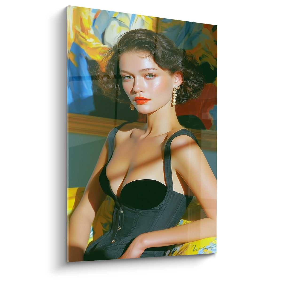 Femme brune au corset noir, lèvres orangées, fond peint jaune et bleu vif