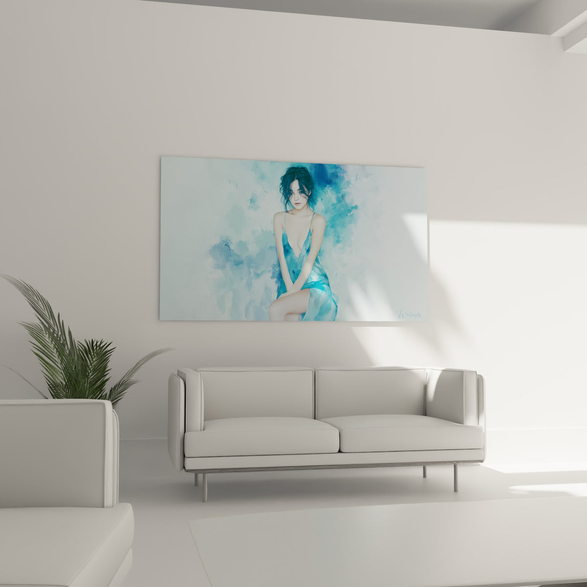 Portrait sensuel d'une femme en robe turquoise décolletée, au-dessus d'un canapé dans un salon lumineux