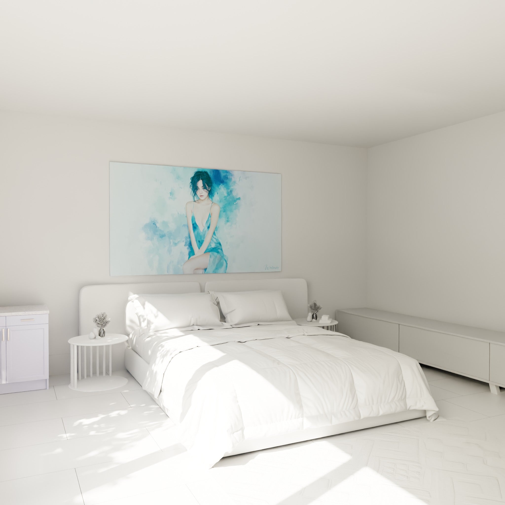 Silhouette féminine en robe bleu ciel repliée sur elle-même, au-dessus d'un lit dans une chambre claire