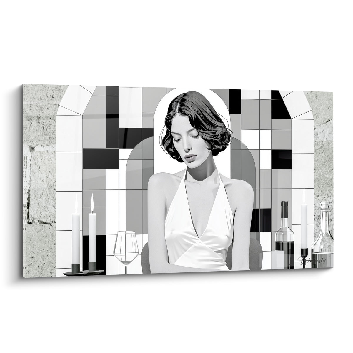 Femme aux cheveux bruns bouclés en robe blanche, fond damier gris et noir, style graphique