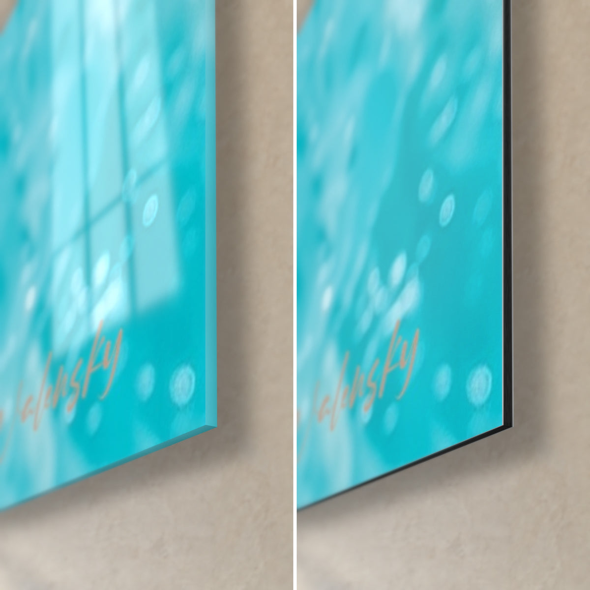 Wall art blonde bather in turquoise glasses, bottom-right corner: glossy glass reflecting the window, matte black Dibond aluminum with 3 mm edge