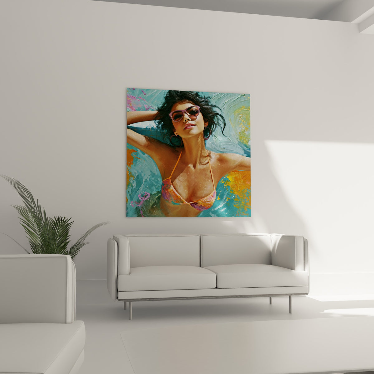 Regard voilé par des lunettes roses au-dessus d'un canapé dans un salon lumineux
