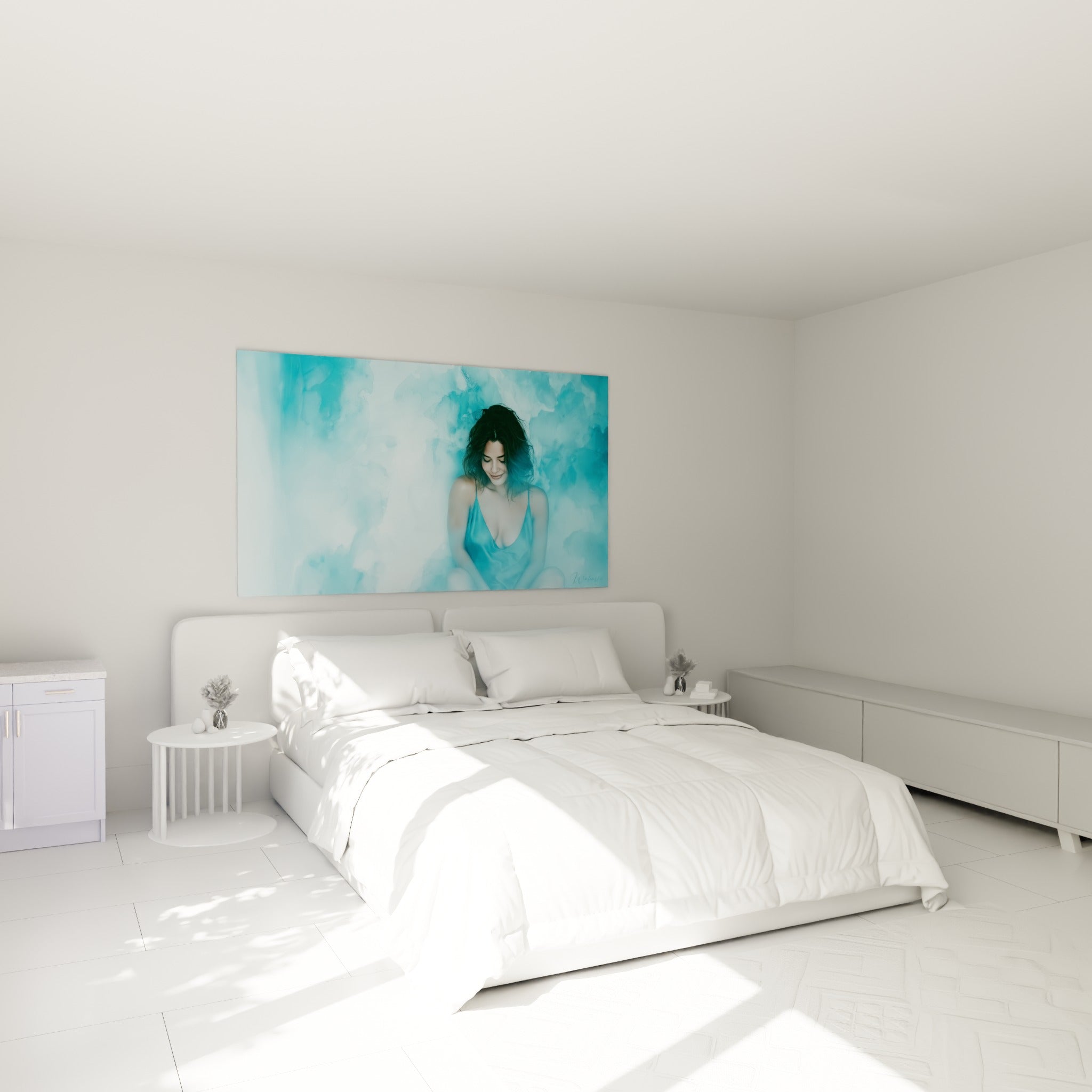 Jeune femme aux cheveux noirs vêtue de turquoise, regard baissé, au-dessus d'un lit dans une chambre claire