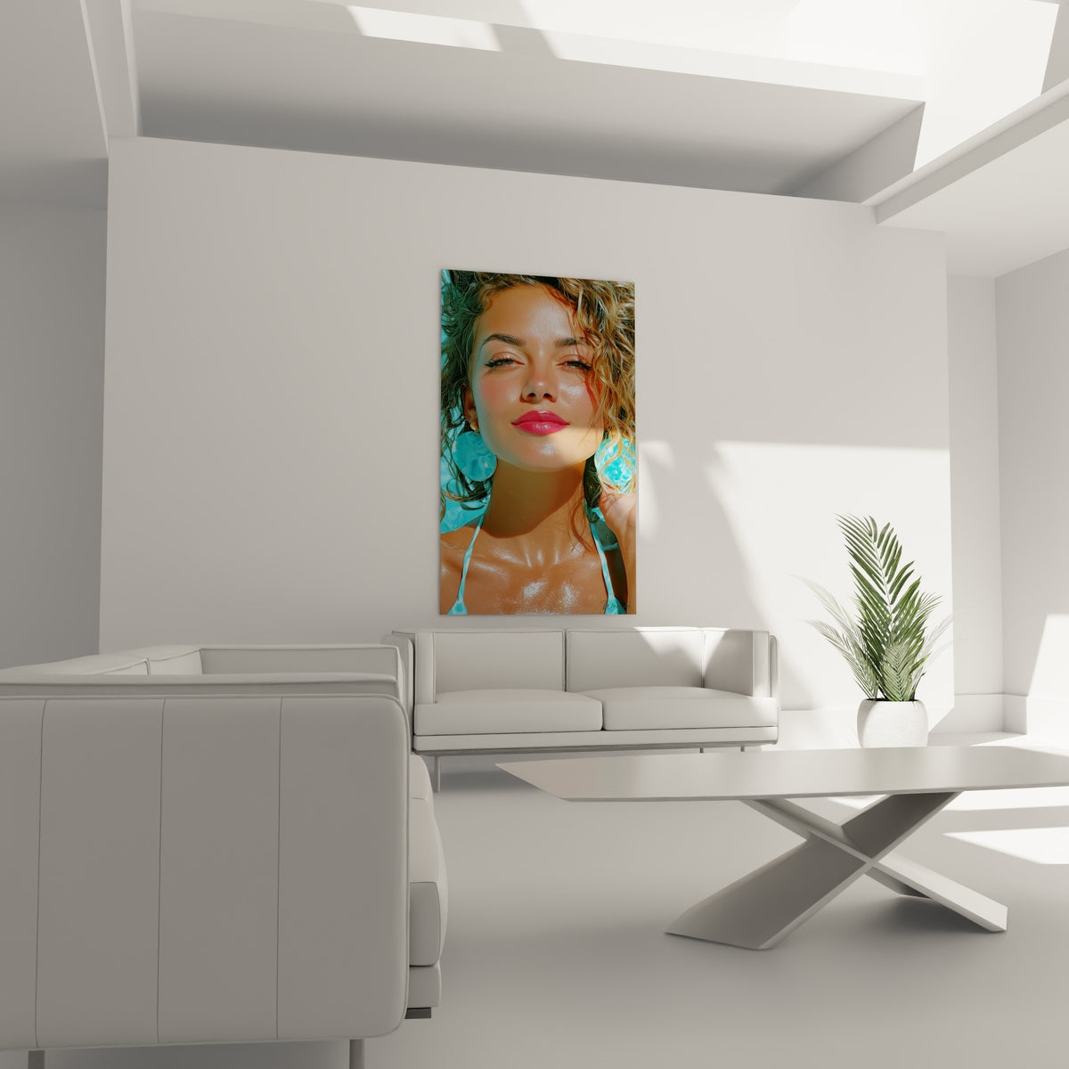 Visage sexy bronzé aux lèvres roses et bijoux turquoise, au-dessus d'un canapé dans un salon lumineux