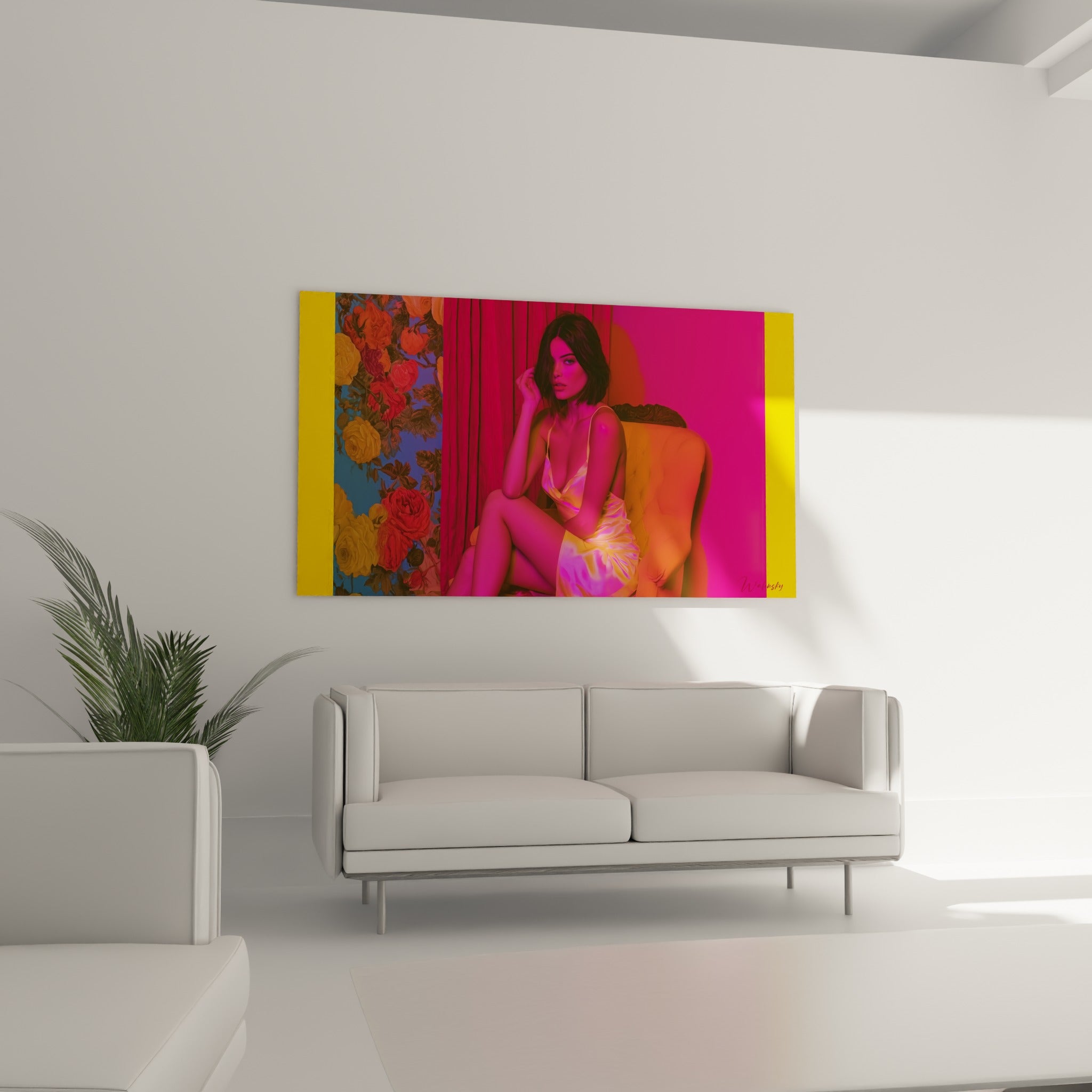 Portrait sensuel aux teintes fuchsia et dorées, disposé au-dessus d'un canapé dans un salon lumineux