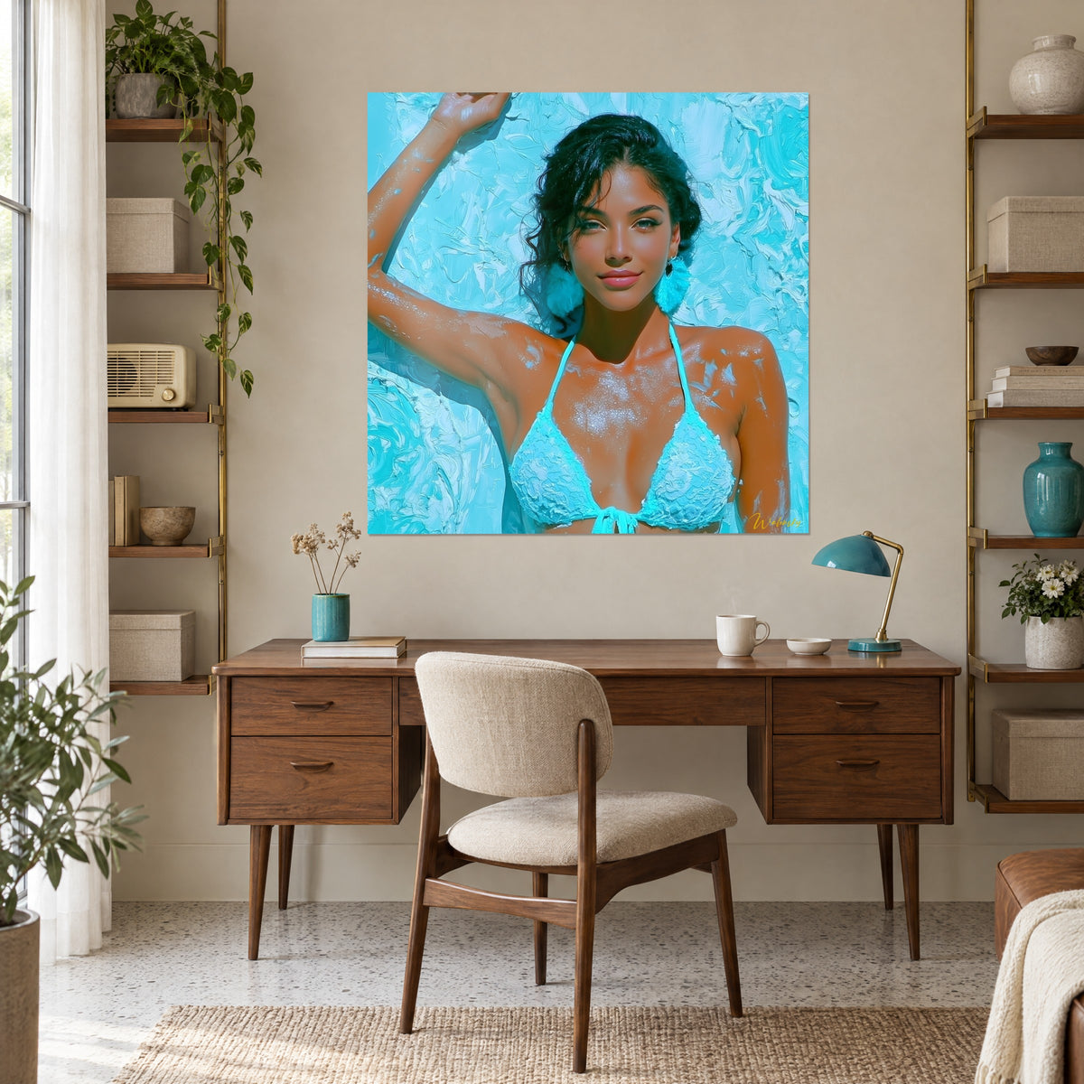 Schilderij zomerse pin-up met roze lippen, turquoise kanten bikini en goudgetinte huid, opgehangen boven een houten bureau