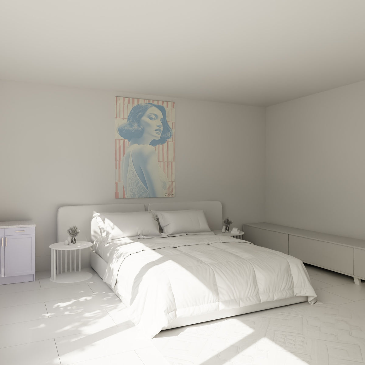 Silhouette au regard de profil, tons bleu pastel et rose corail, au-dessus d'un lit dans une chambre claire