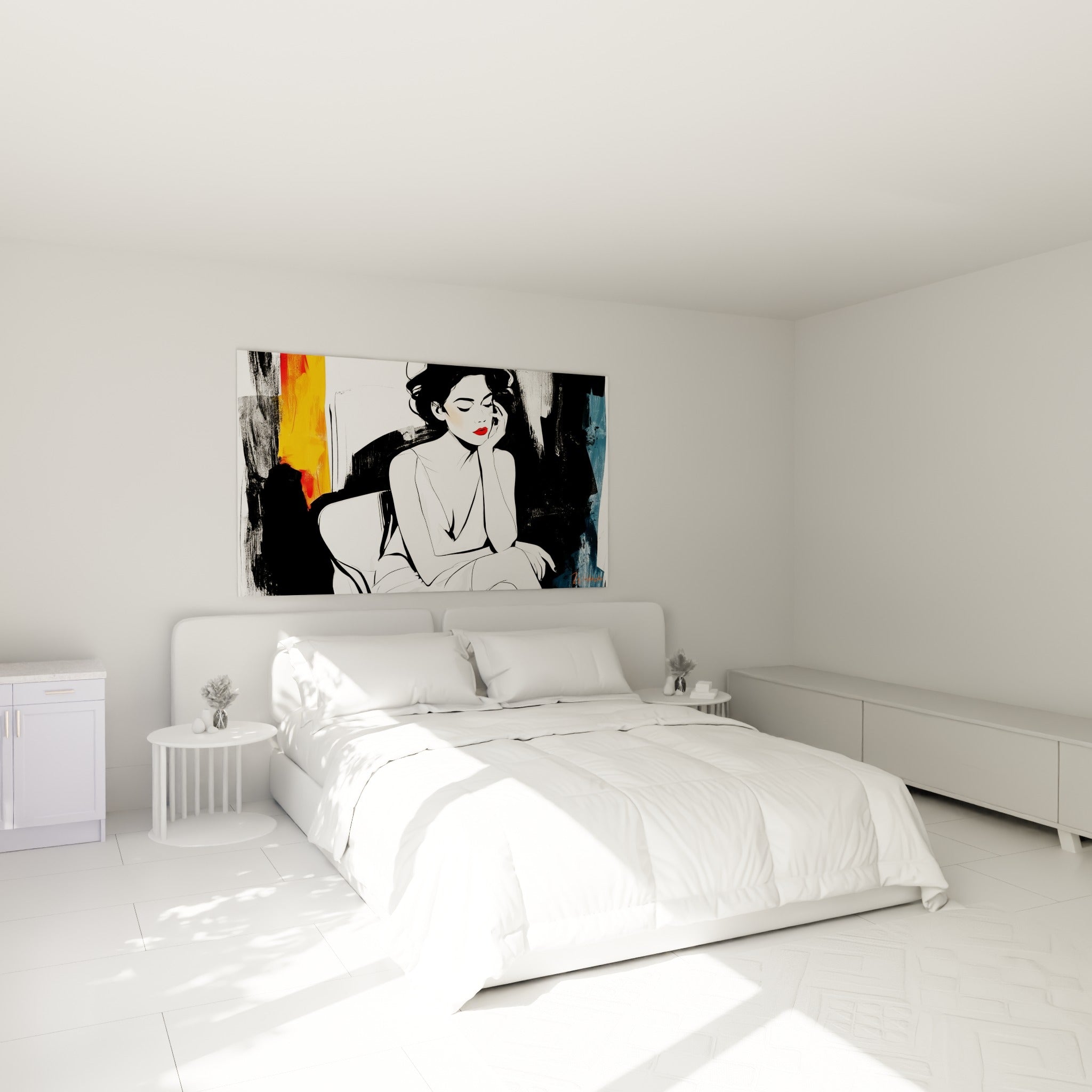 Silhouette pensive aux lèvres rouges, traits noir et blanc, au-dessus d'un lit dans une chambre claire