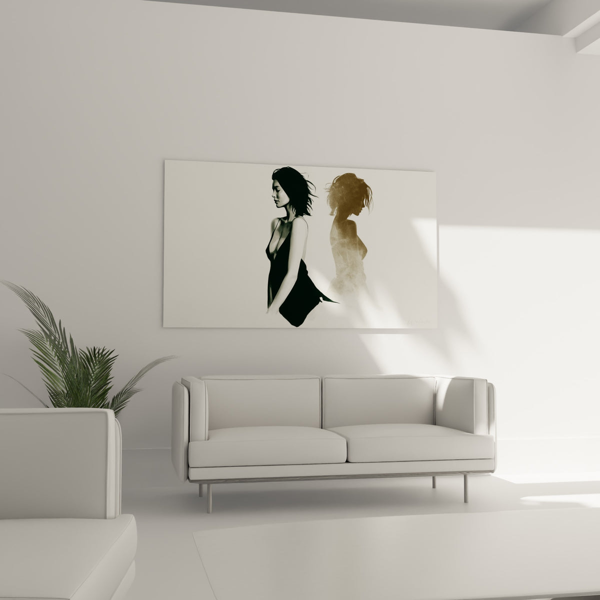 Profil féminin en robe noire fluide et reflet doré, suspendu au-dessus d'un canapé dans un salon lumineux