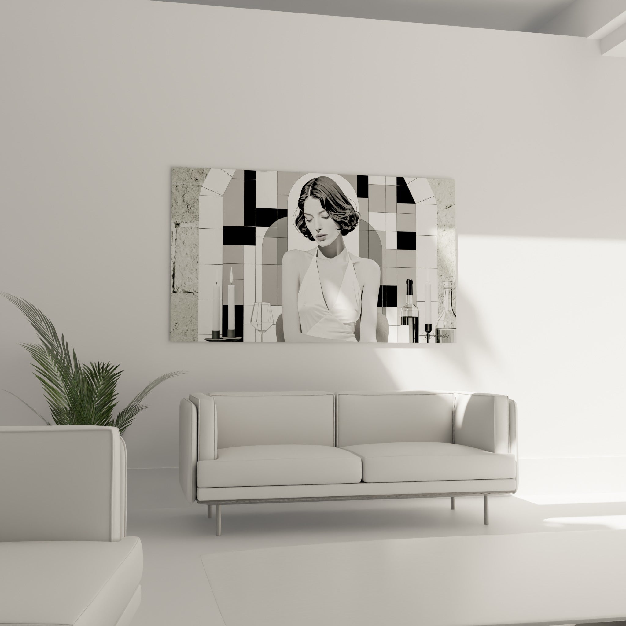 Portrait de femme au regard baissé, robe blanche et damier anthracite, au-dessus d'un canapé dans un salon lumineux