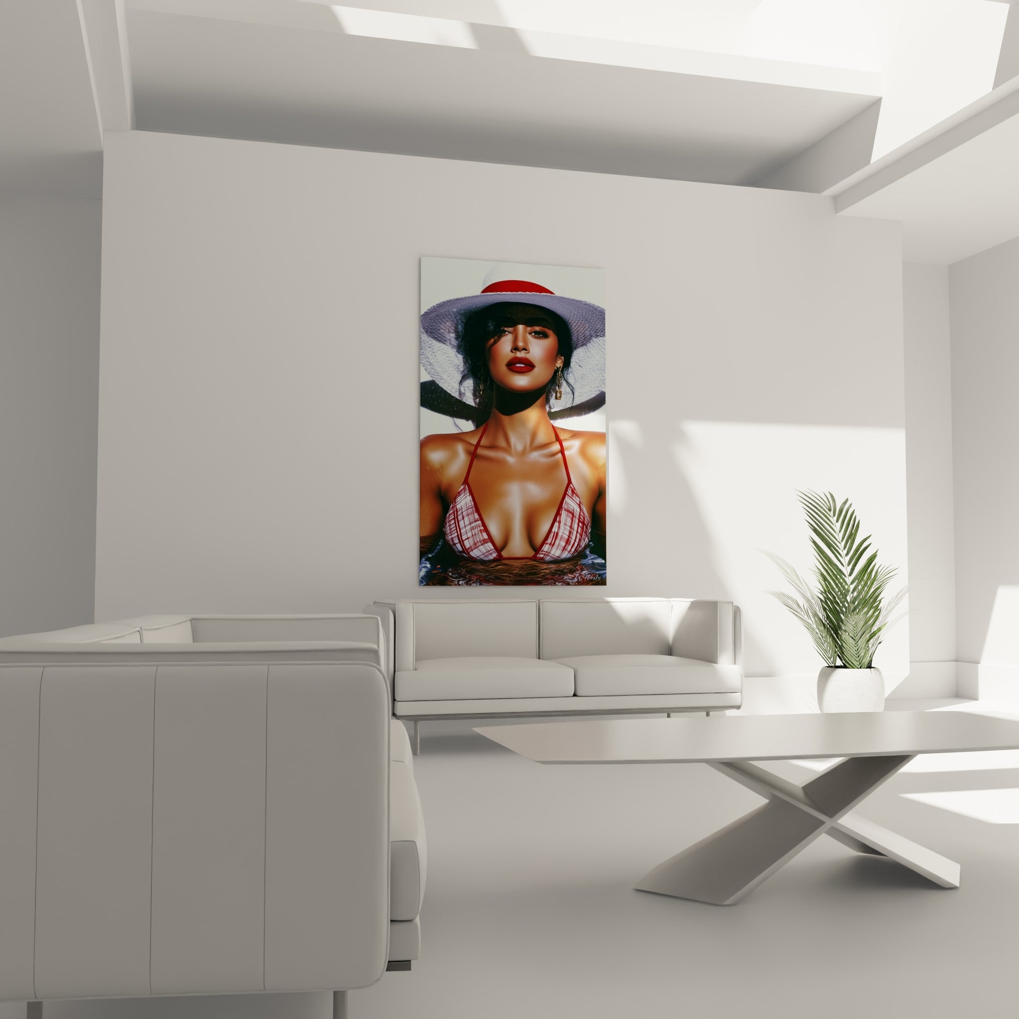 Regard captivant sous large chapeau blanc, peau cuivrée et bretelles rouges, au-dessus d'un canapé dans un salon lumineux